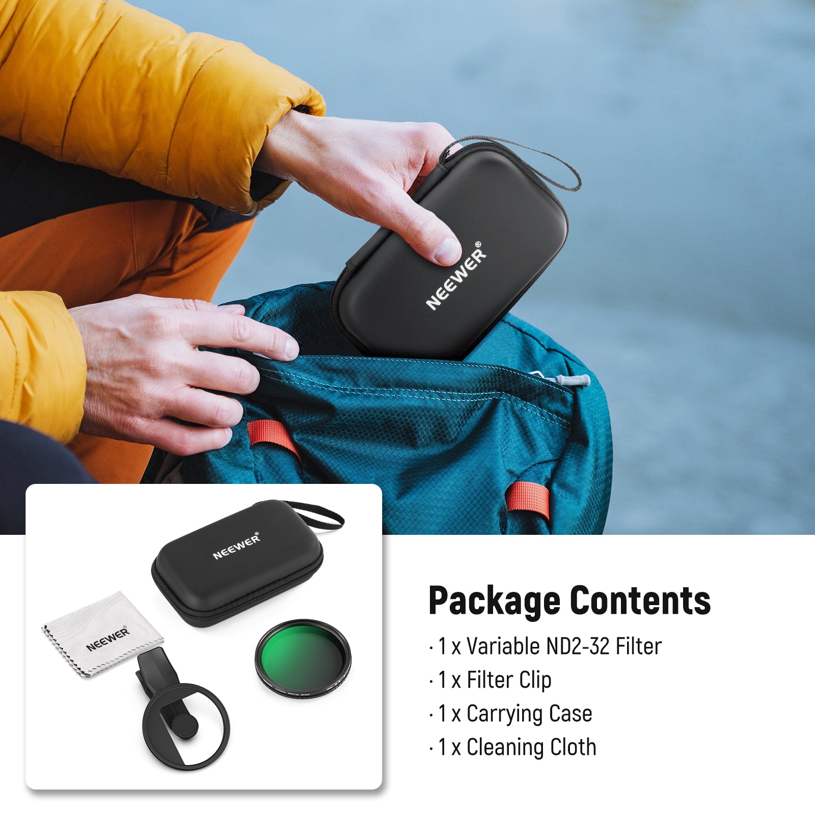 Package Contents of the NEEWER FL-B21 Variable ND2-32 Phone Filter For For iPhone