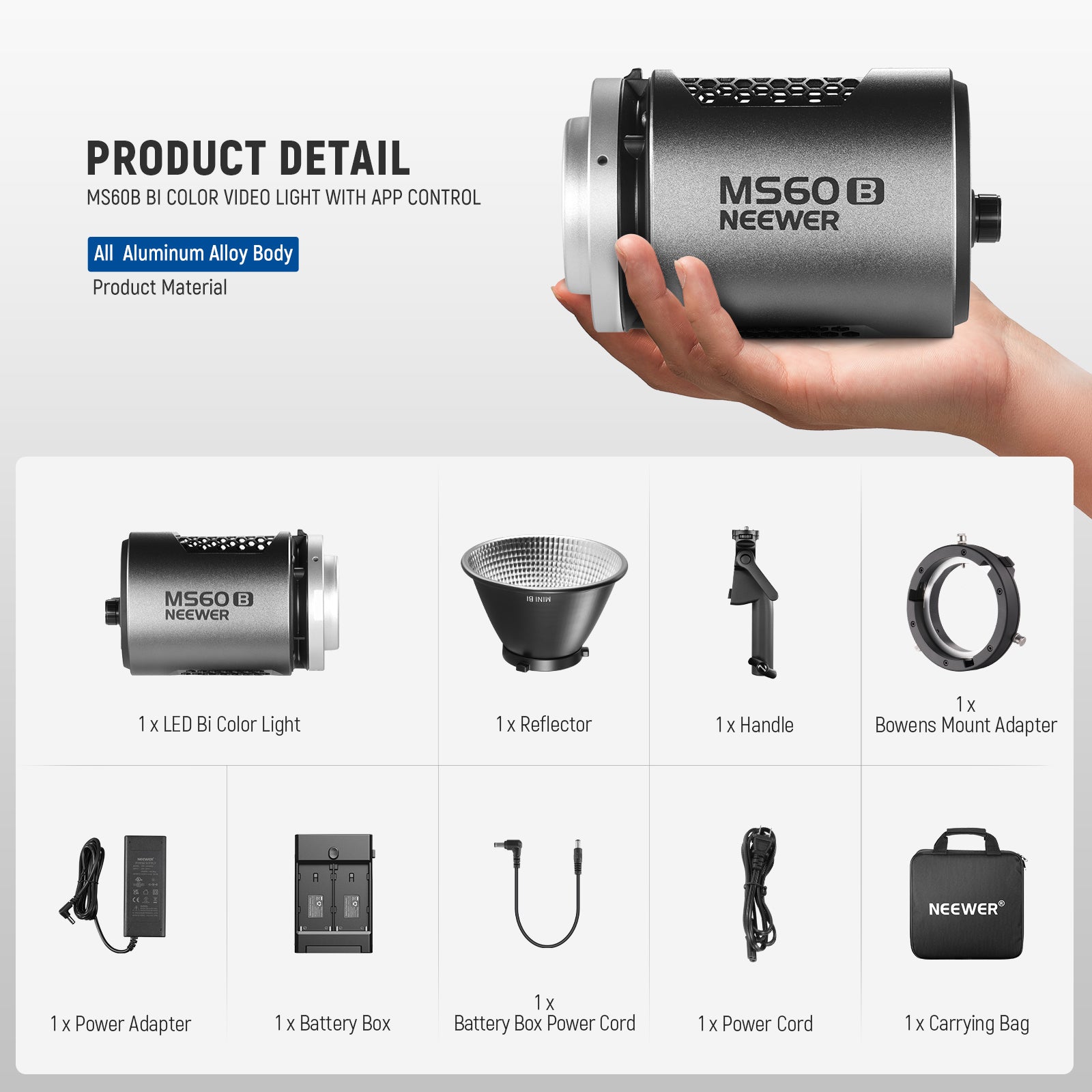 Product details of the NEEWER MS60B Bi-color LED Video Light