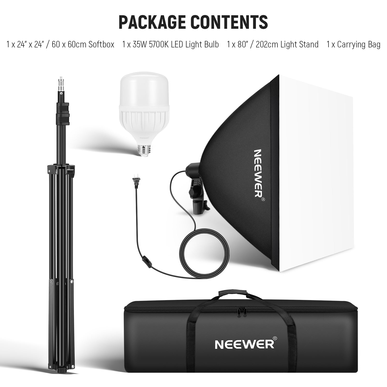 Package Contents of the NEEWER NK300 350W Equivalent Softbox Lighting Kit