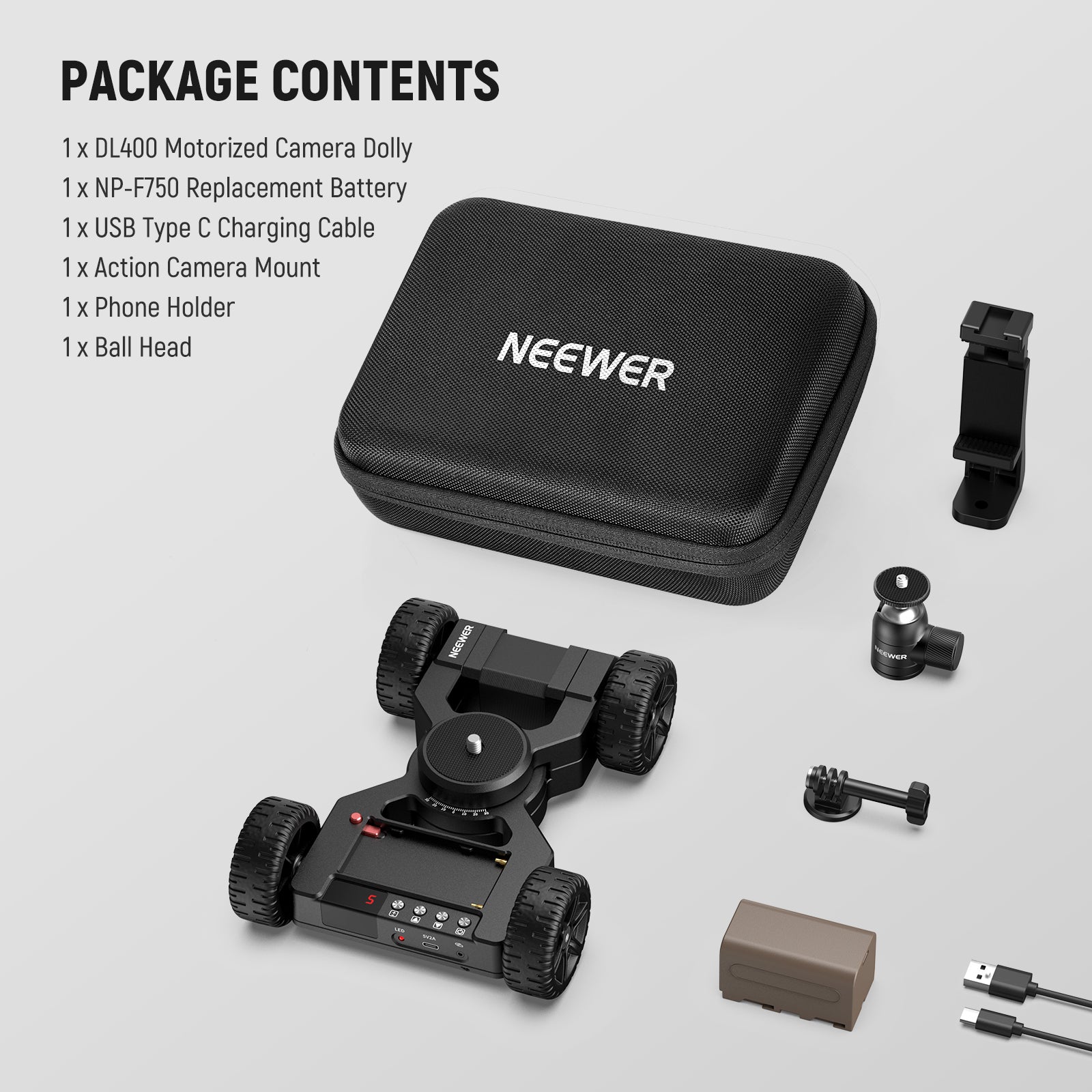 Package Contents of the NEEWER DL400 Upgraded Motorized Camera Slider Dolly