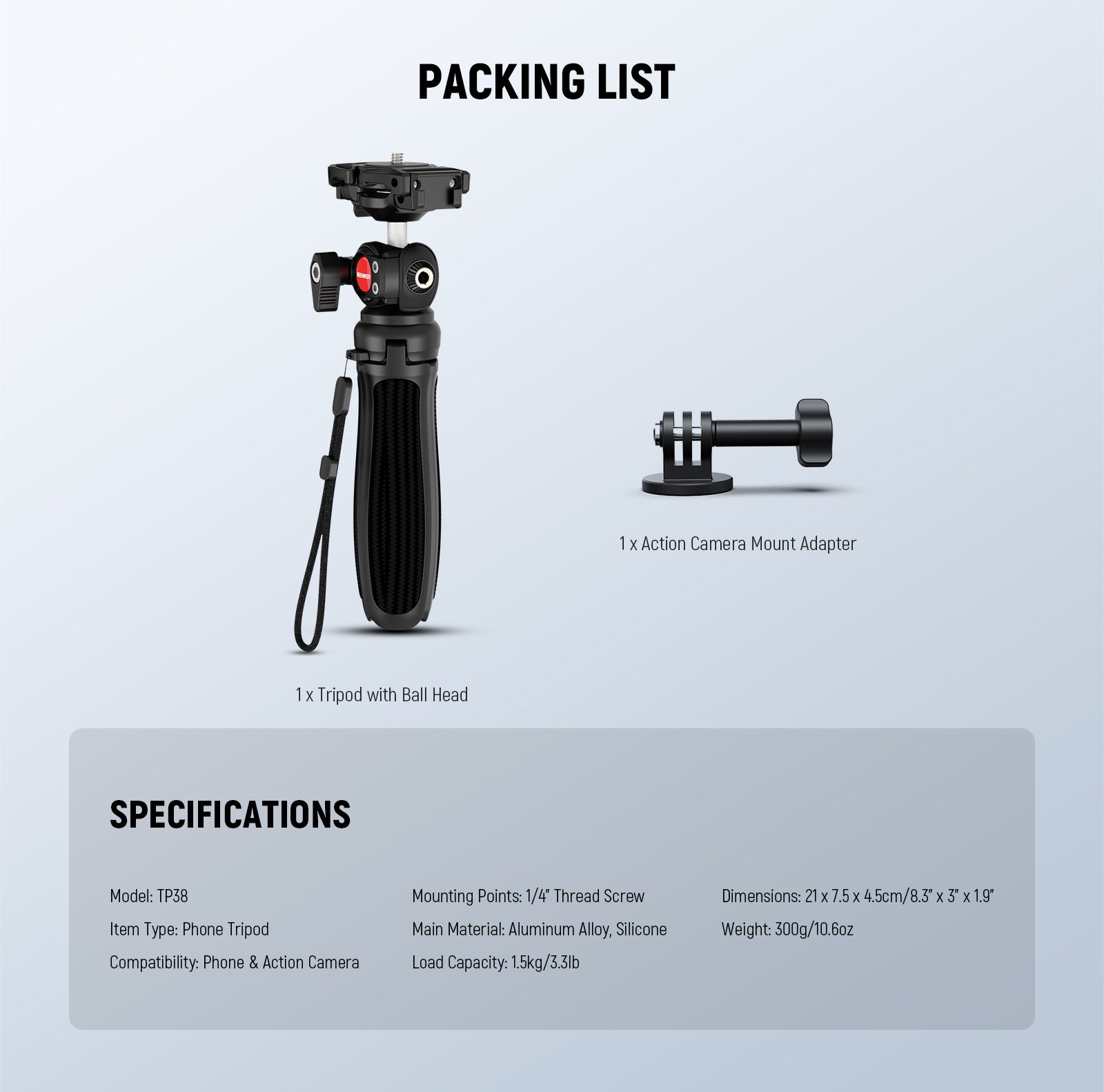 Package List of the NEEWER TP38 Phone Camera Tripod