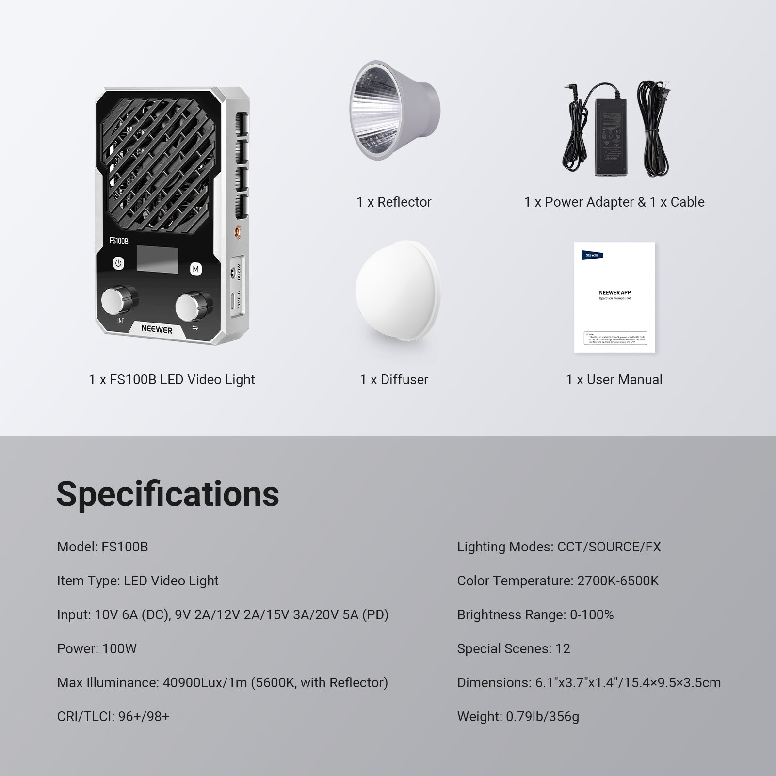 This package includes an LED video light, a reflector, a diffuser, a power adapter, and a cable.