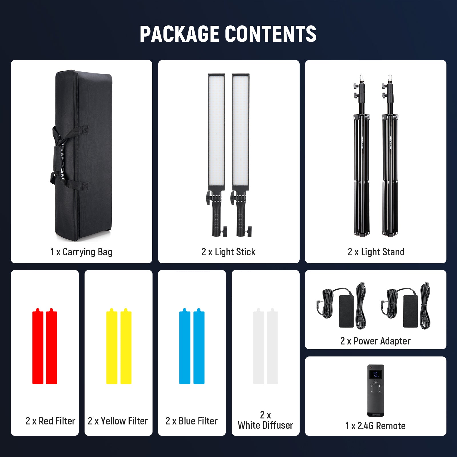Package Contents of the NEEWER BH20B Ultra Upgraded 40W Handheld LED Video Light Stick Kit