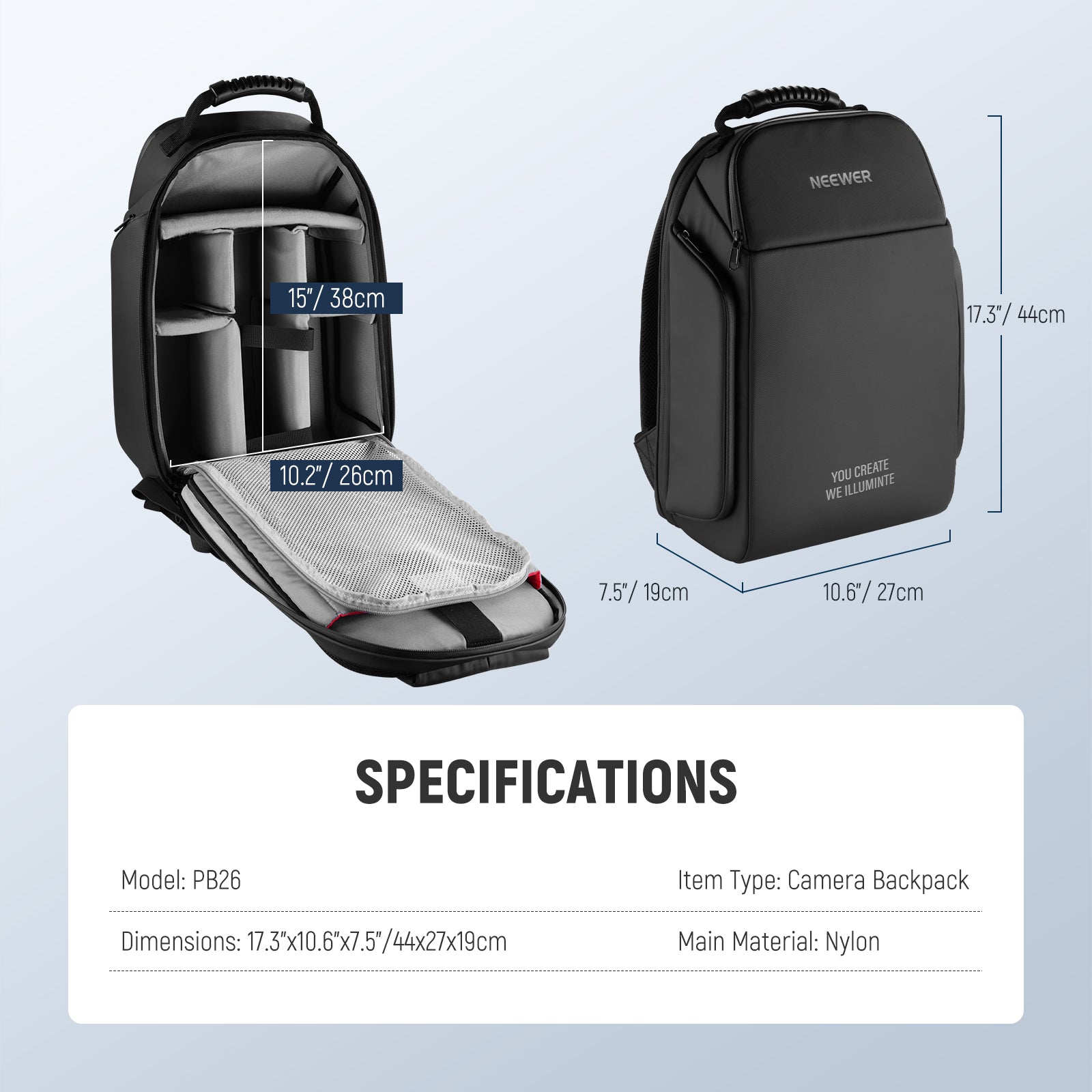 Specifications of the NEEWER PB26 All in One Camera Backpack