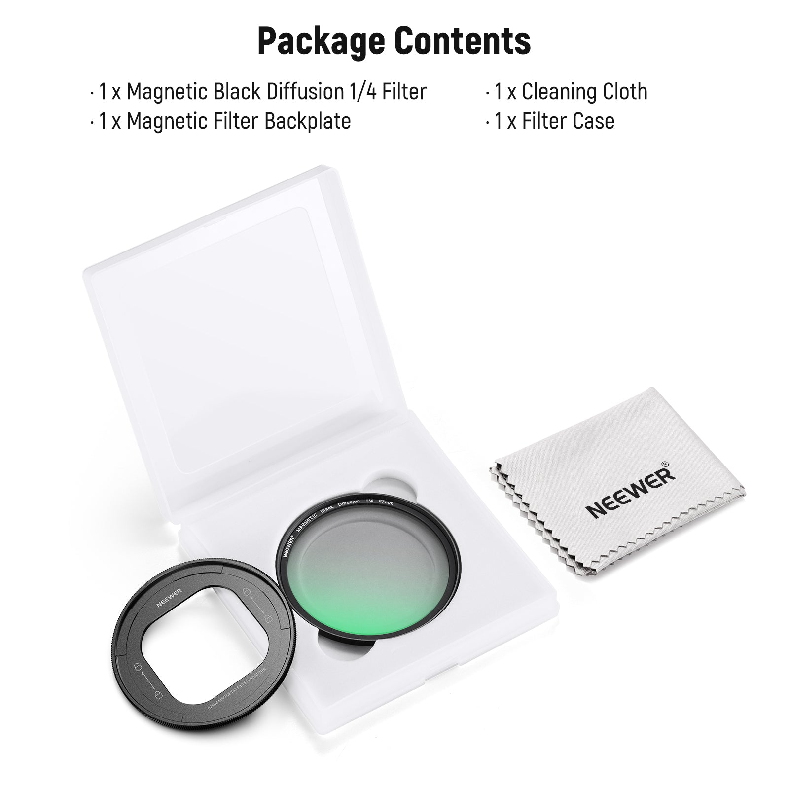 Package Contents of the NEEWER 67mm Black Diffusion 1/4 Filter Set For iPhone 16 Pro/16 Pro Max Cage