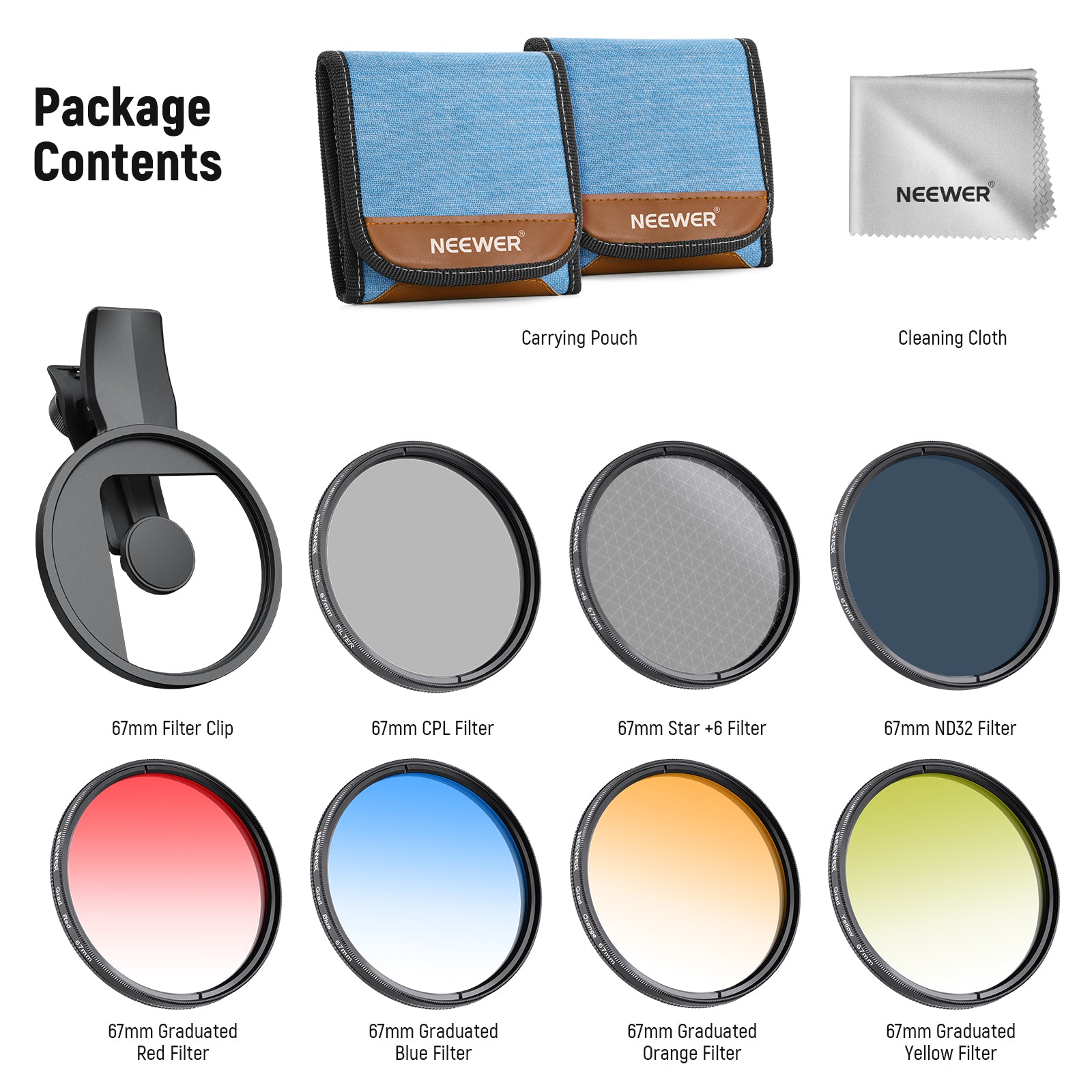 Package Contents of the NEEWER FL-P11 7 Pack Clip-On 67mm Filter Set for iPhone