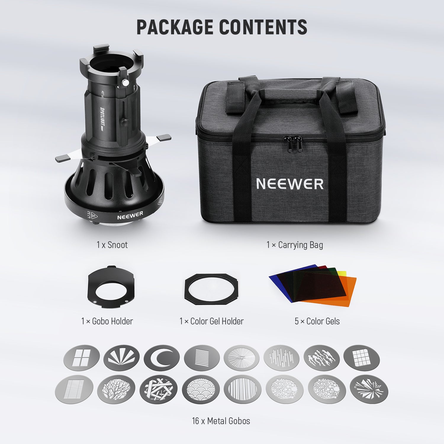 Package Contents of the NEEWER LS-38 Spotlight Snoot set