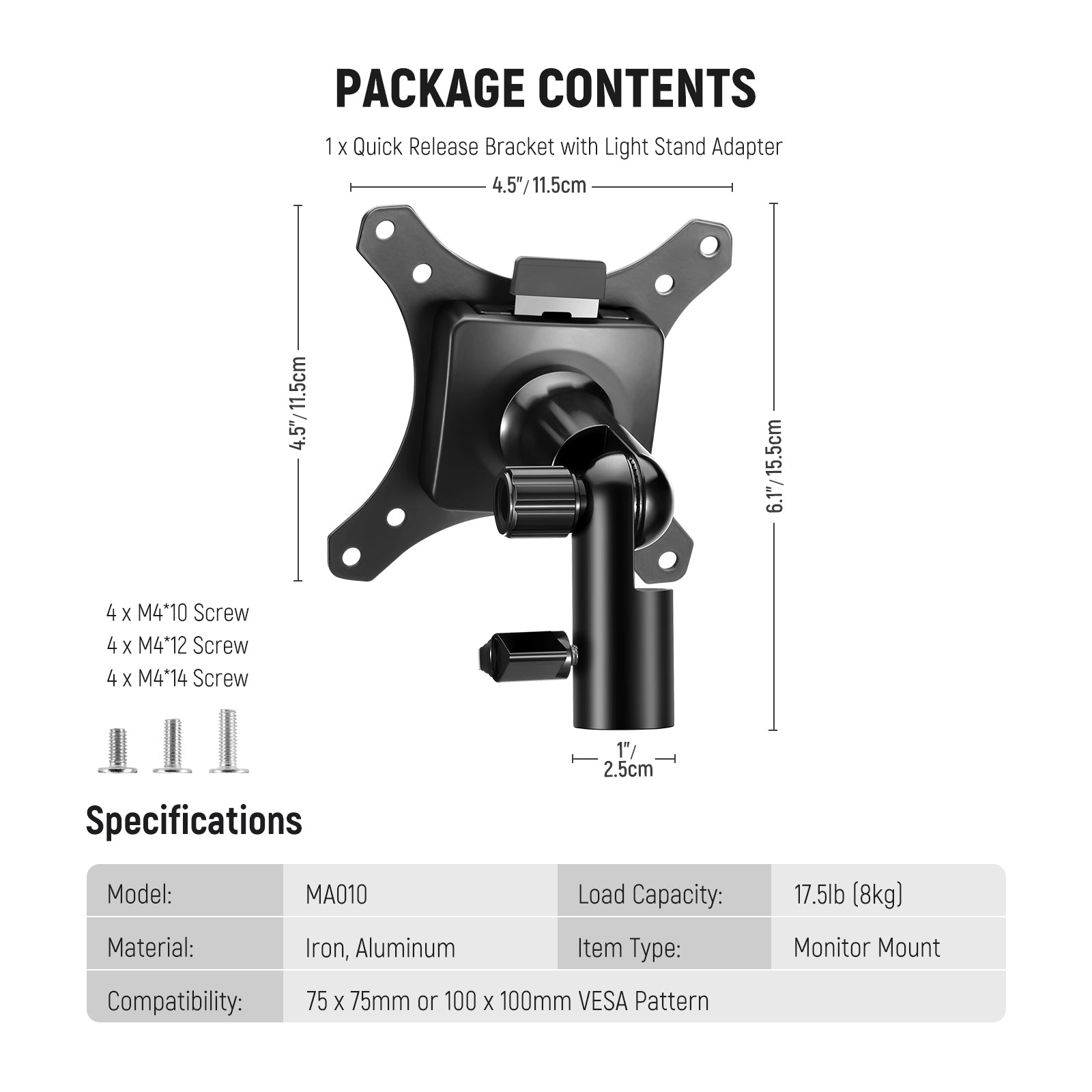 Package Contents of the NEEWER MA010 Monitor Mount Adapter