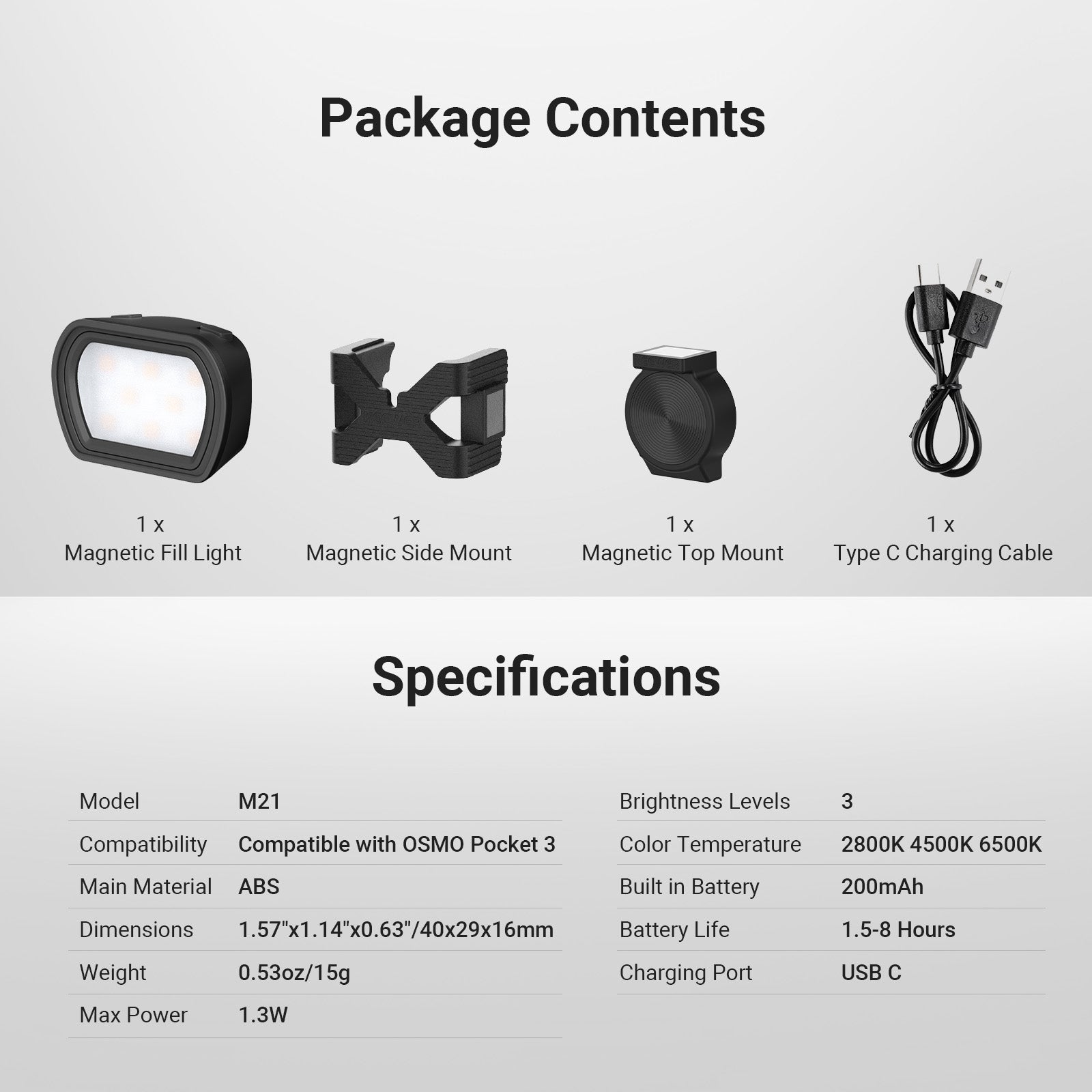 Package Contents of the NEEWER M21 Magnetic Fill Light For DJI OSMO Pocket 3 Kit