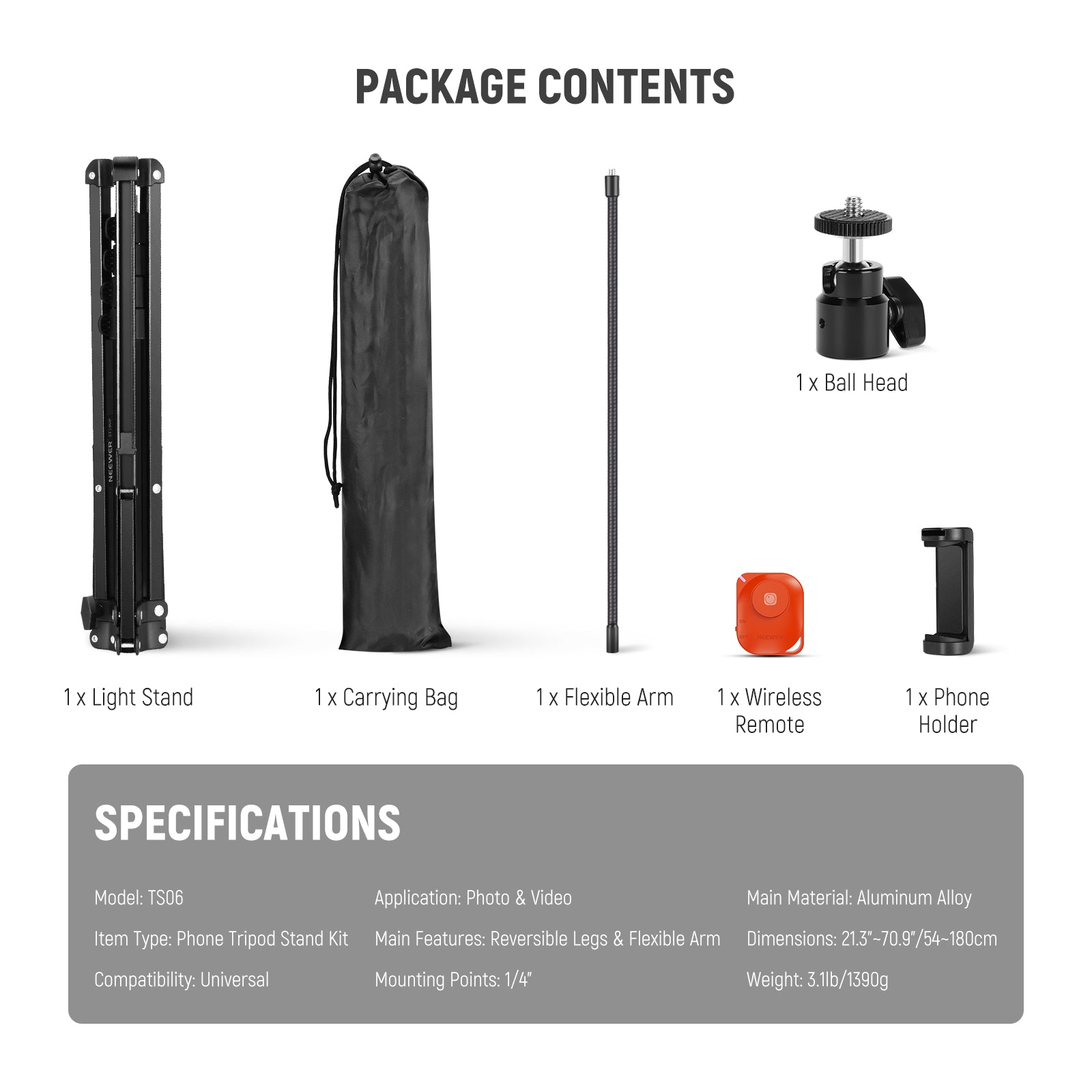 Package Contents of the NEEWER TS06 71" Phone Tripod Stand