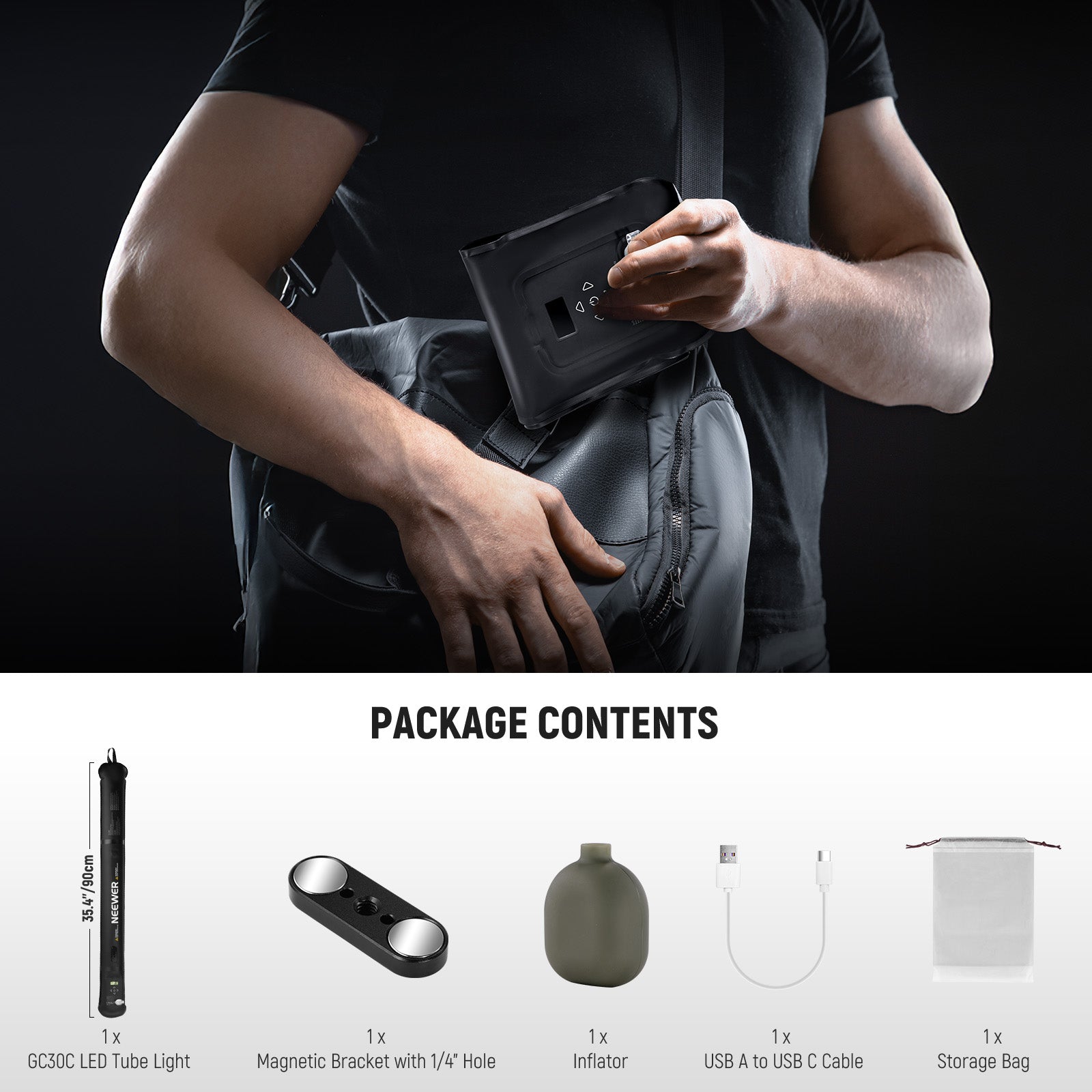 Package Contents of the NEEWER GC30C Handheld Inflatable LED Fill Light