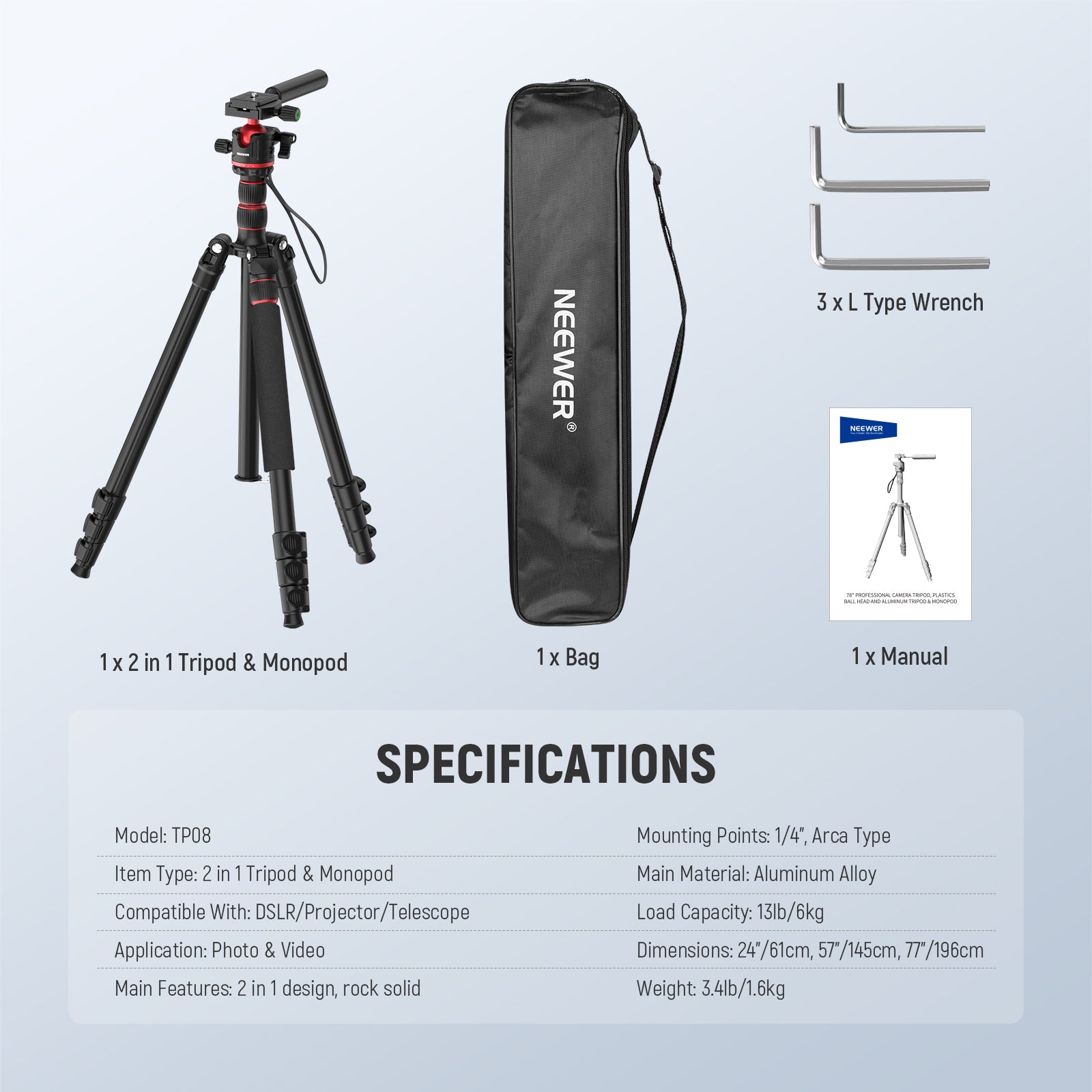 Specifications of the NEEWER TP08 77" 2 in 1 Camera Tripod