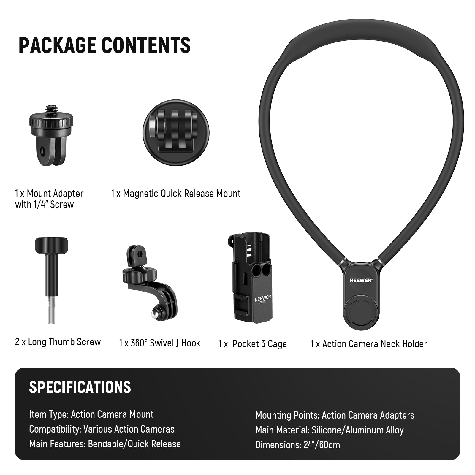 Package Contents of the NEEWER GP39 Magnetic Action Camera Neck Mount Kit