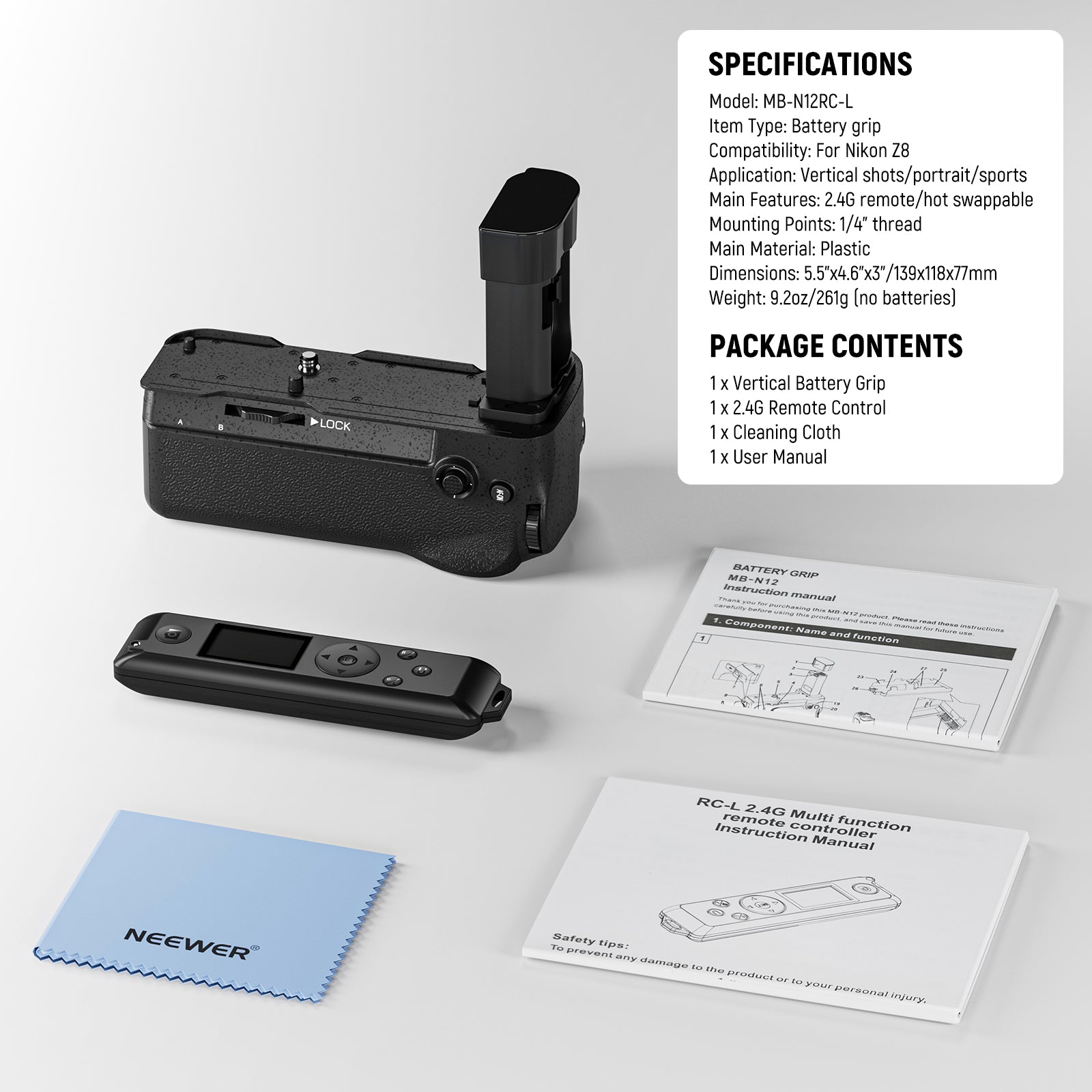 Package Contents of the NEEWER MB-N12RC-L Battery Grip for Nikon Z8