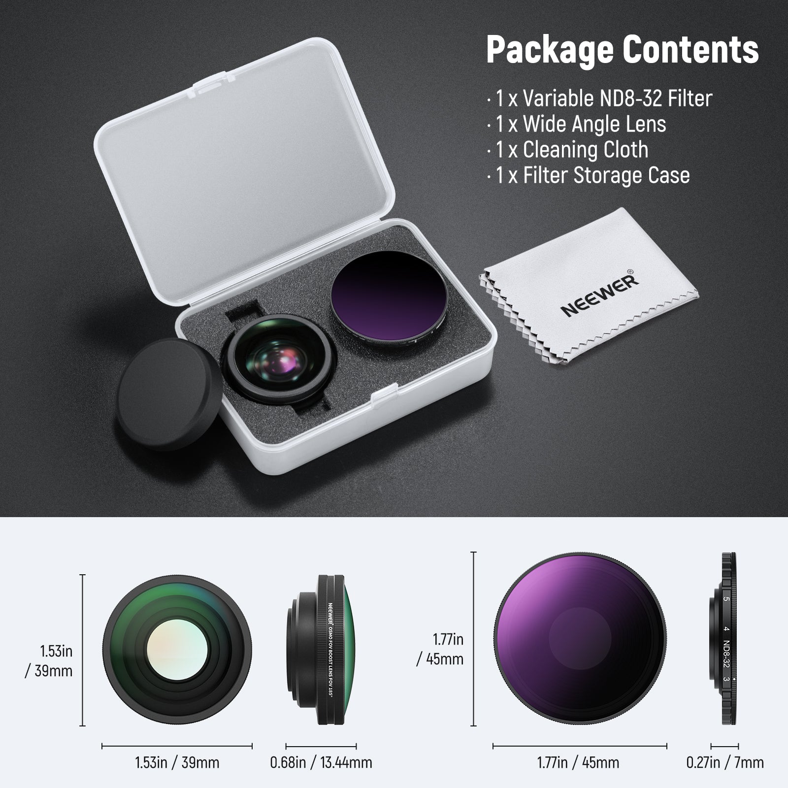 This package includes a variable ND8-32 filter and a wide angle lens.