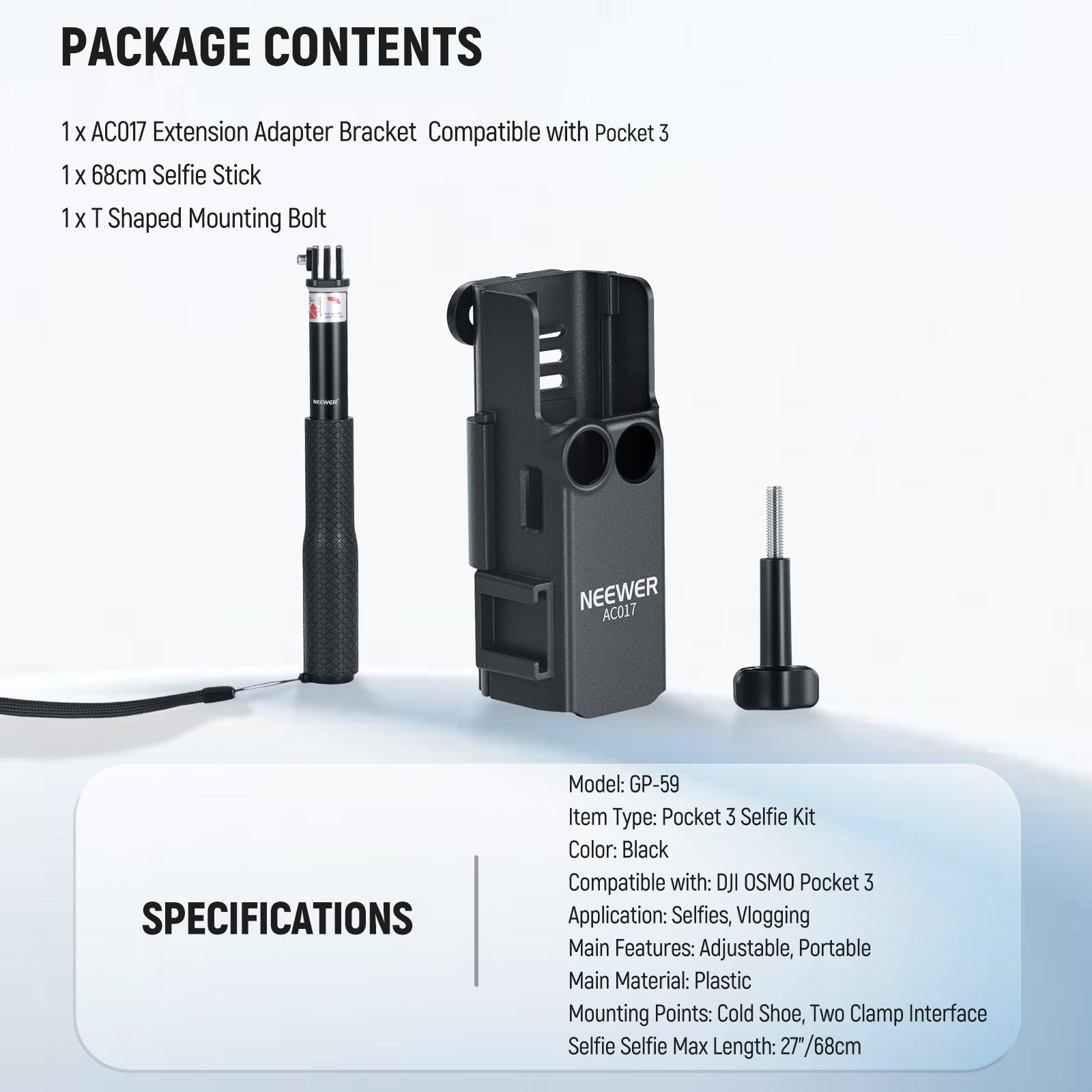Package Contents of the NEEWER GP-59 Extension Adapter Mount Kit for Pocket 3