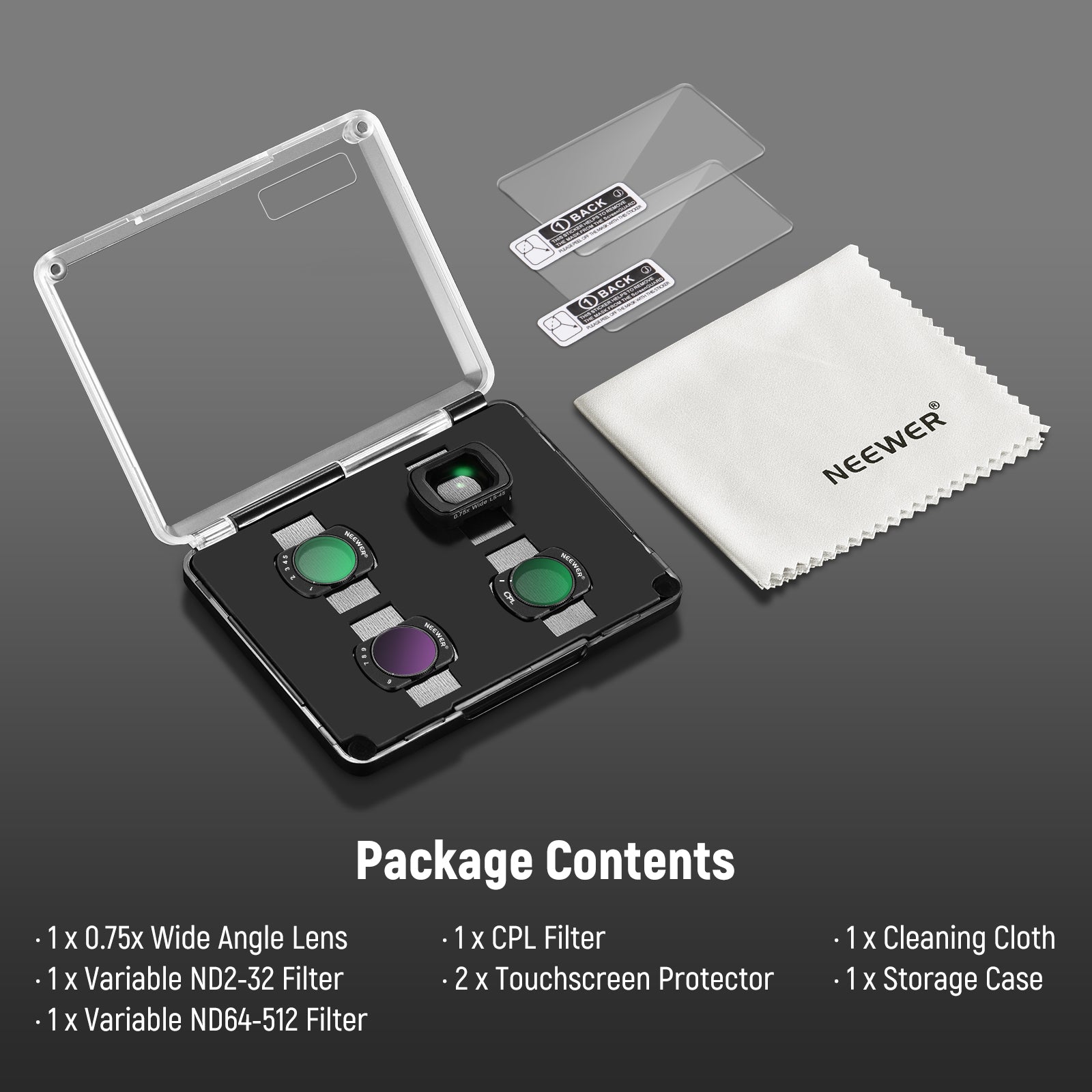 Package Contents of the NEEWER FL-B15 Filter and Lens Set & Lenses for DJI Osmo Pocket 3