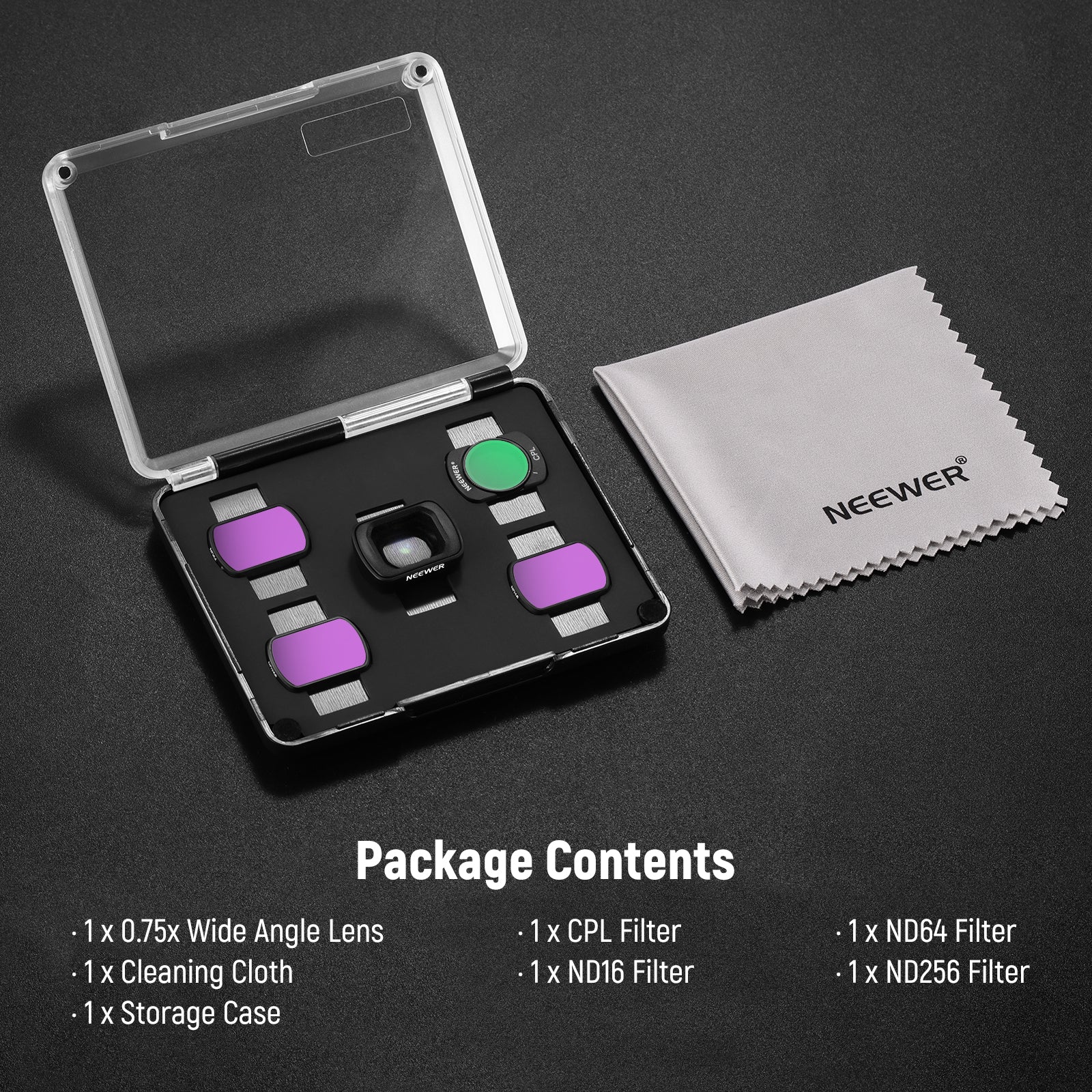 Package Contents of the NEEWER 5 Pack Filter and Lens Kit for DJI Osmo Pocket 3