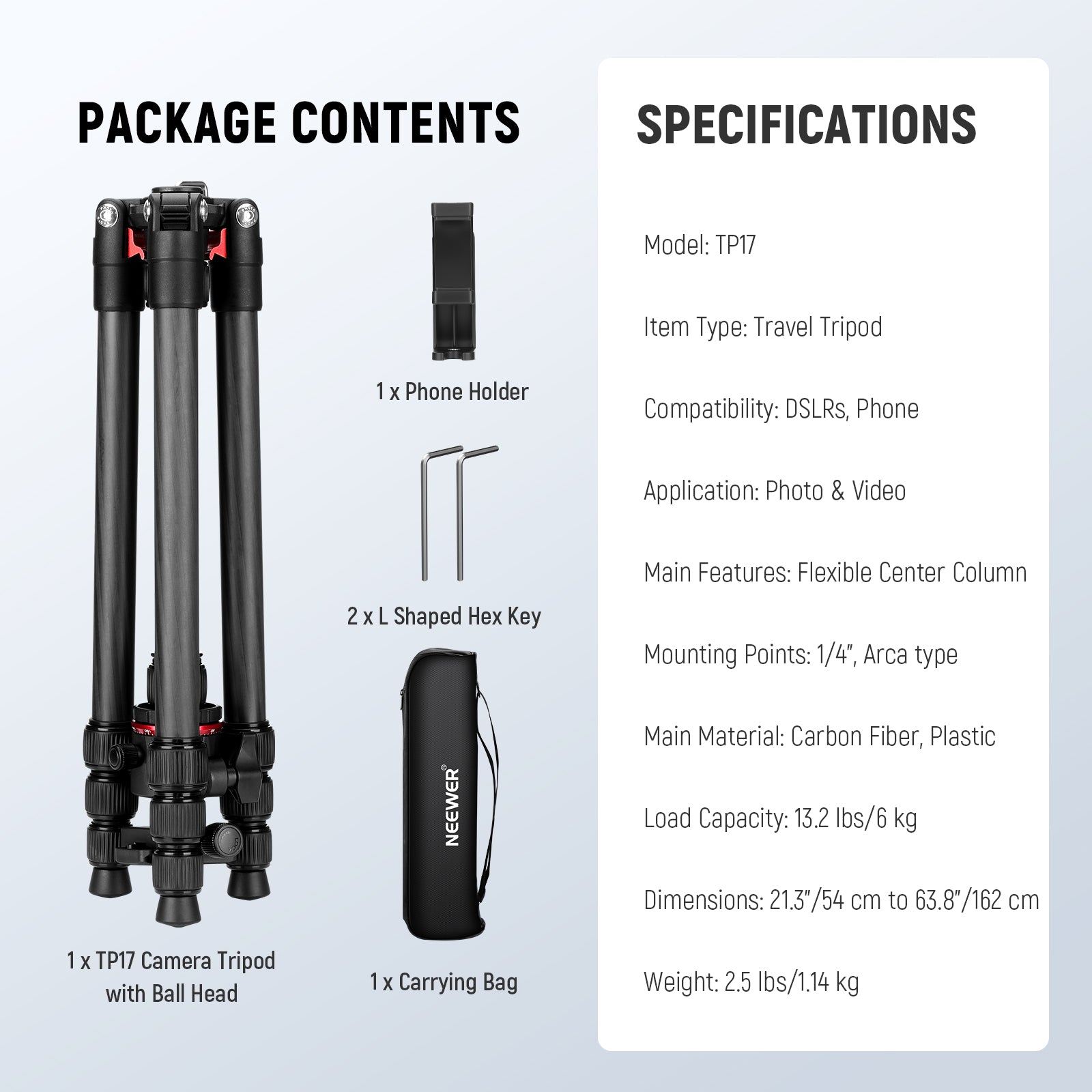 Package Contents of the NEEWER TP17 Carbon Fiber Travel Tripod Kit