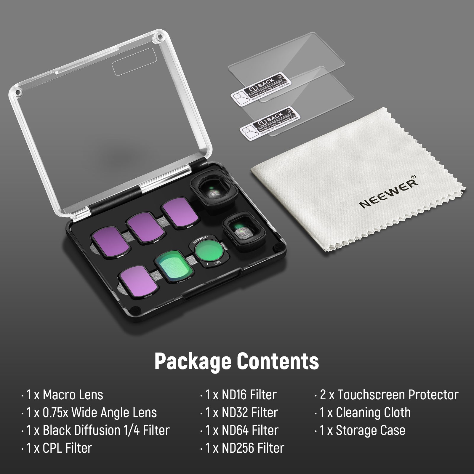 Package Contents of the NEEWER FL-B17 ND Filter+Lens Set
