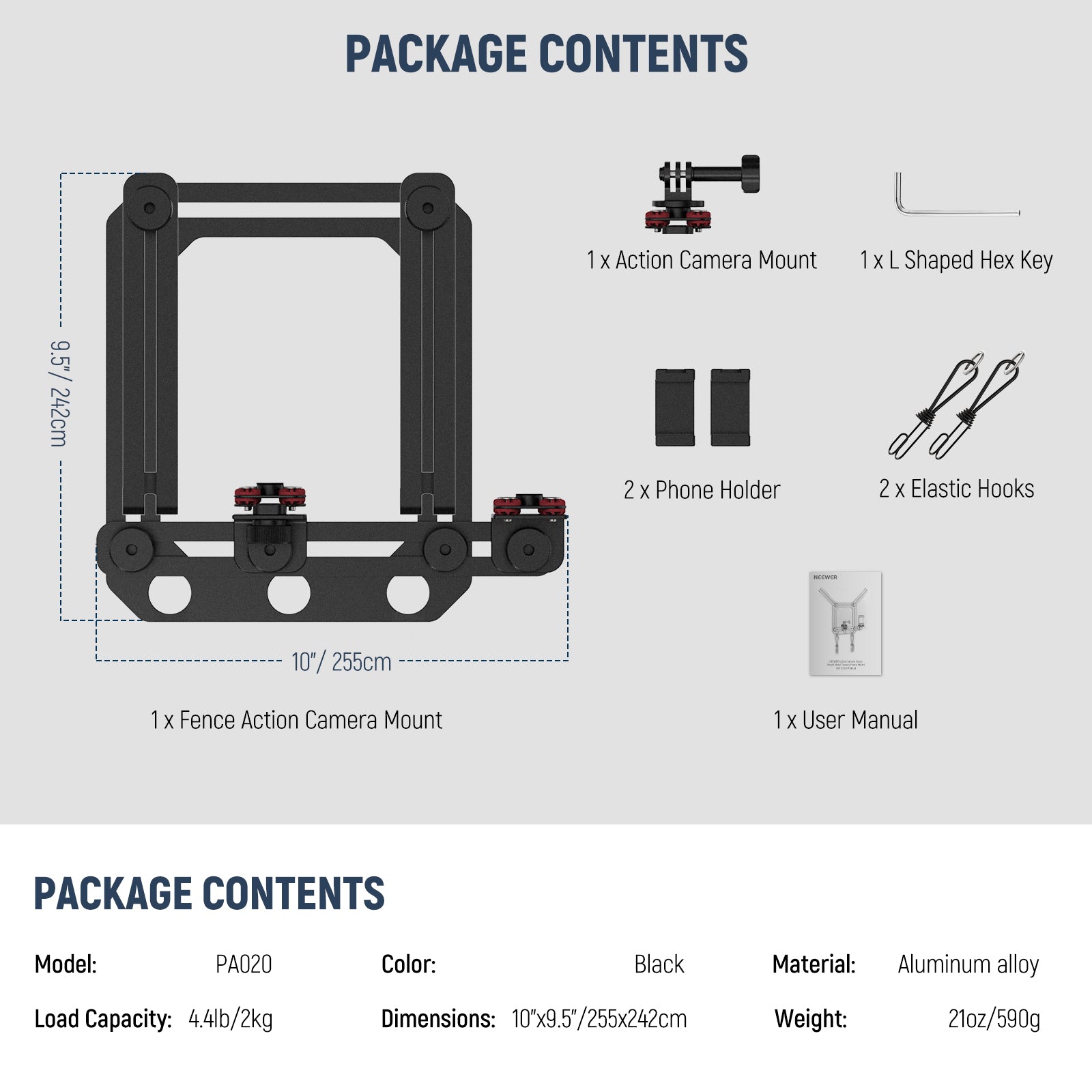 Package Contents of the NEEWER PA022 Fence Action Camera Mount