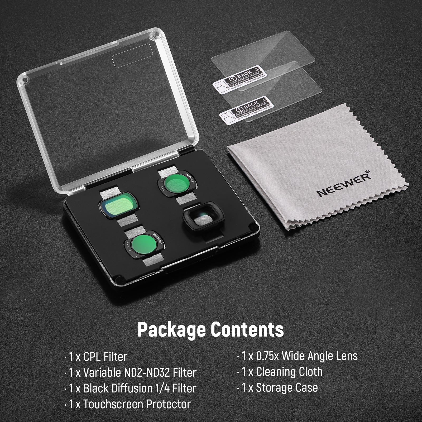 Package Contents of the NEEWER FL-B09 Filter Set & Lens for DJI Osmo Pocket 3