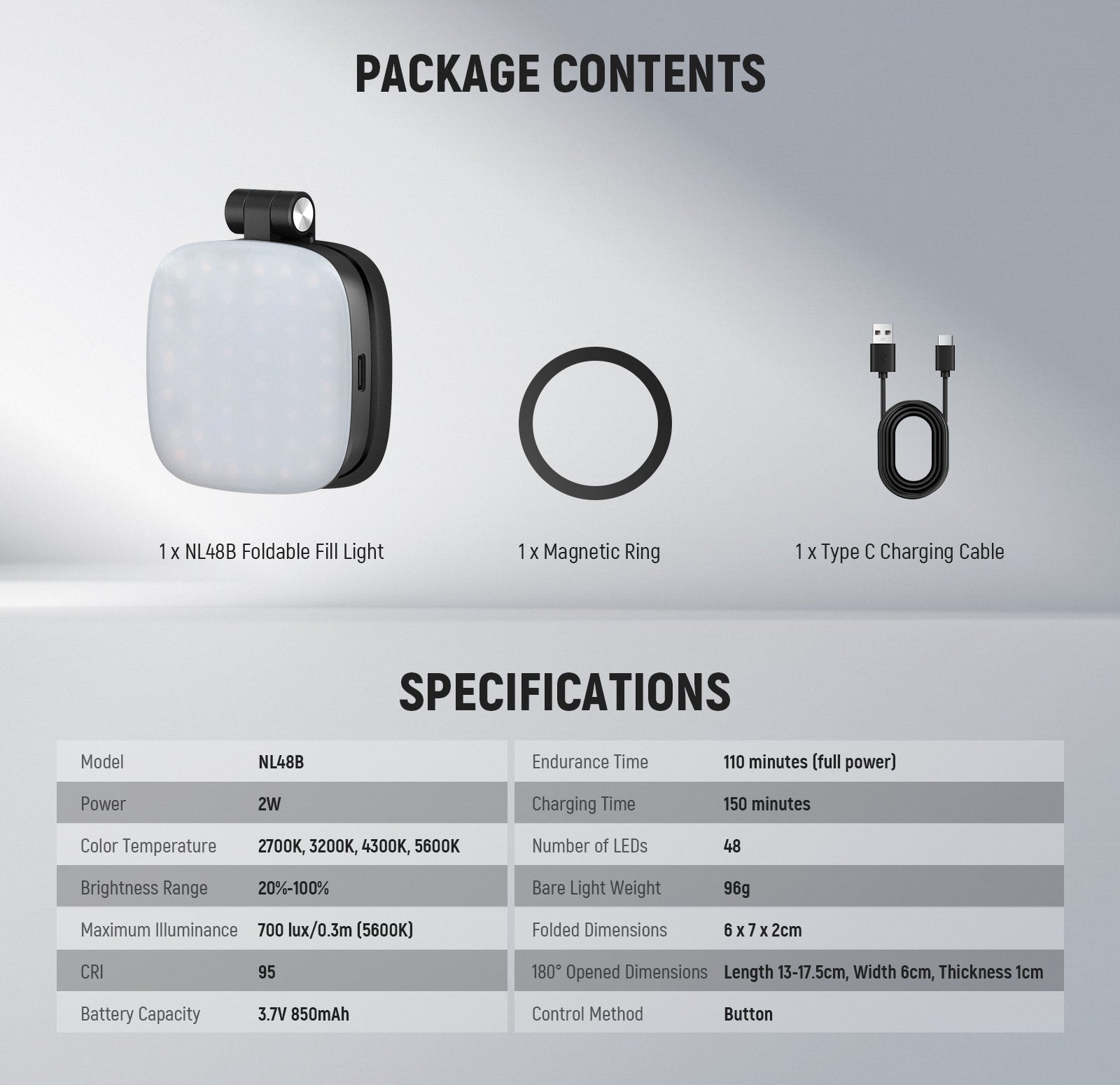 Package Contents of the NEEWER NL48B Magnetic Selfie Light with Mirror