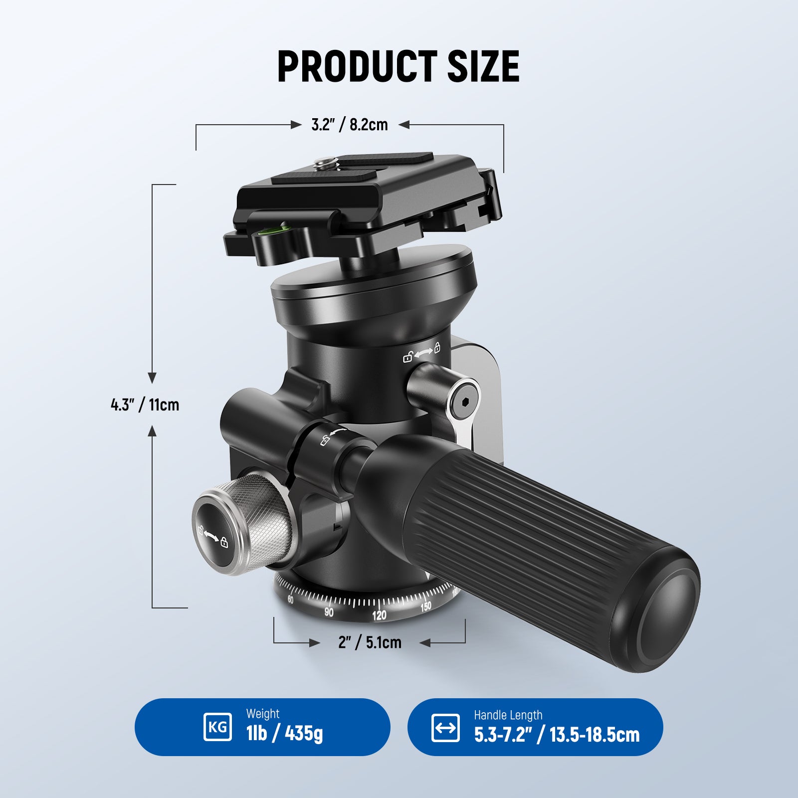 Product size of the NEEWER TH03 Video Camera Tripod Pan Tilt Head