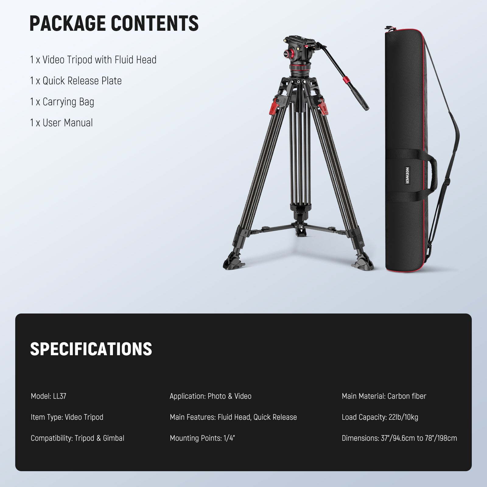 Package Contents of the NEEWER LL37 Carbon Fiber Video Tripod