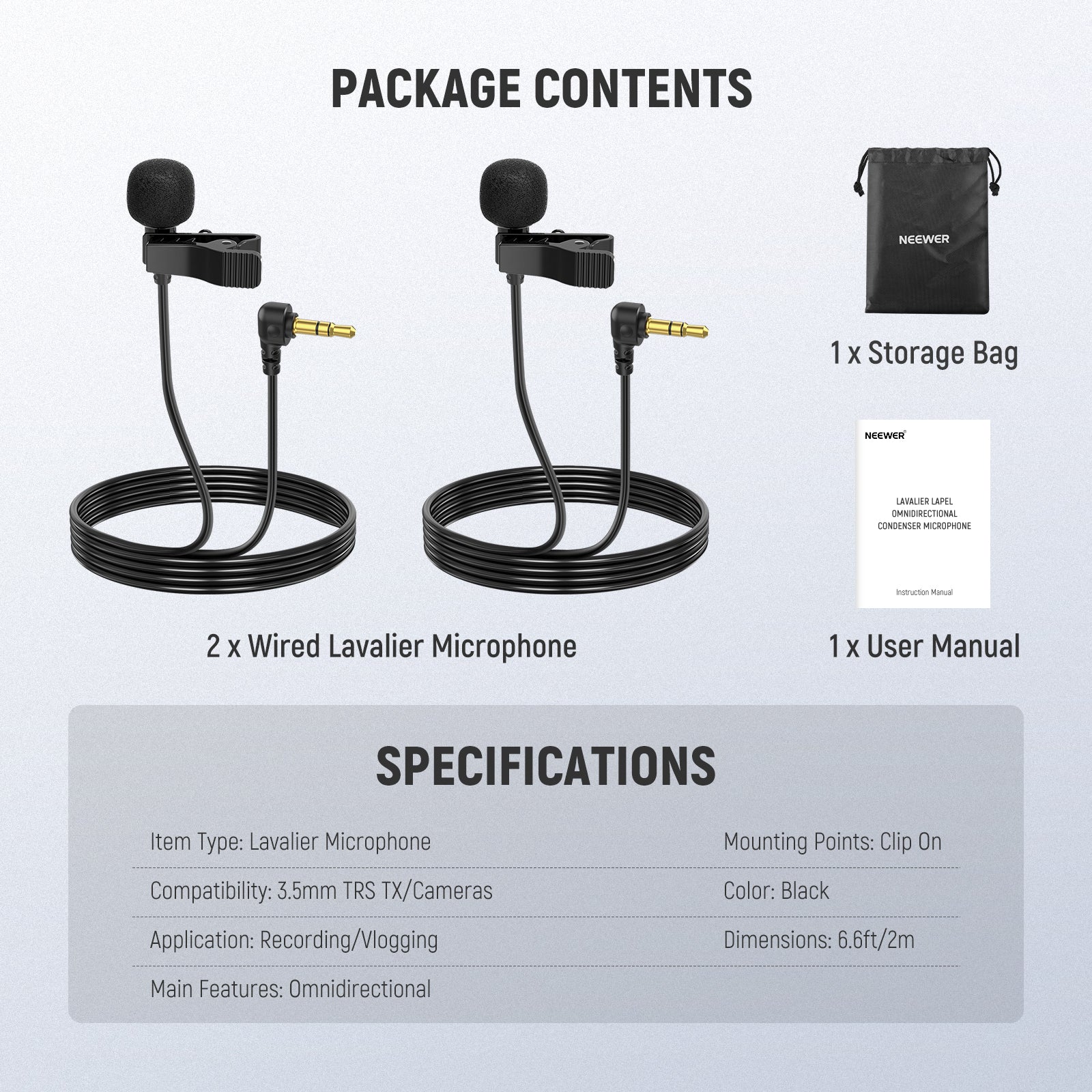 Package Contents of the NEEWER LM5 2 Pack 3.5mm Mini TRS Lavalier Microphone Kit