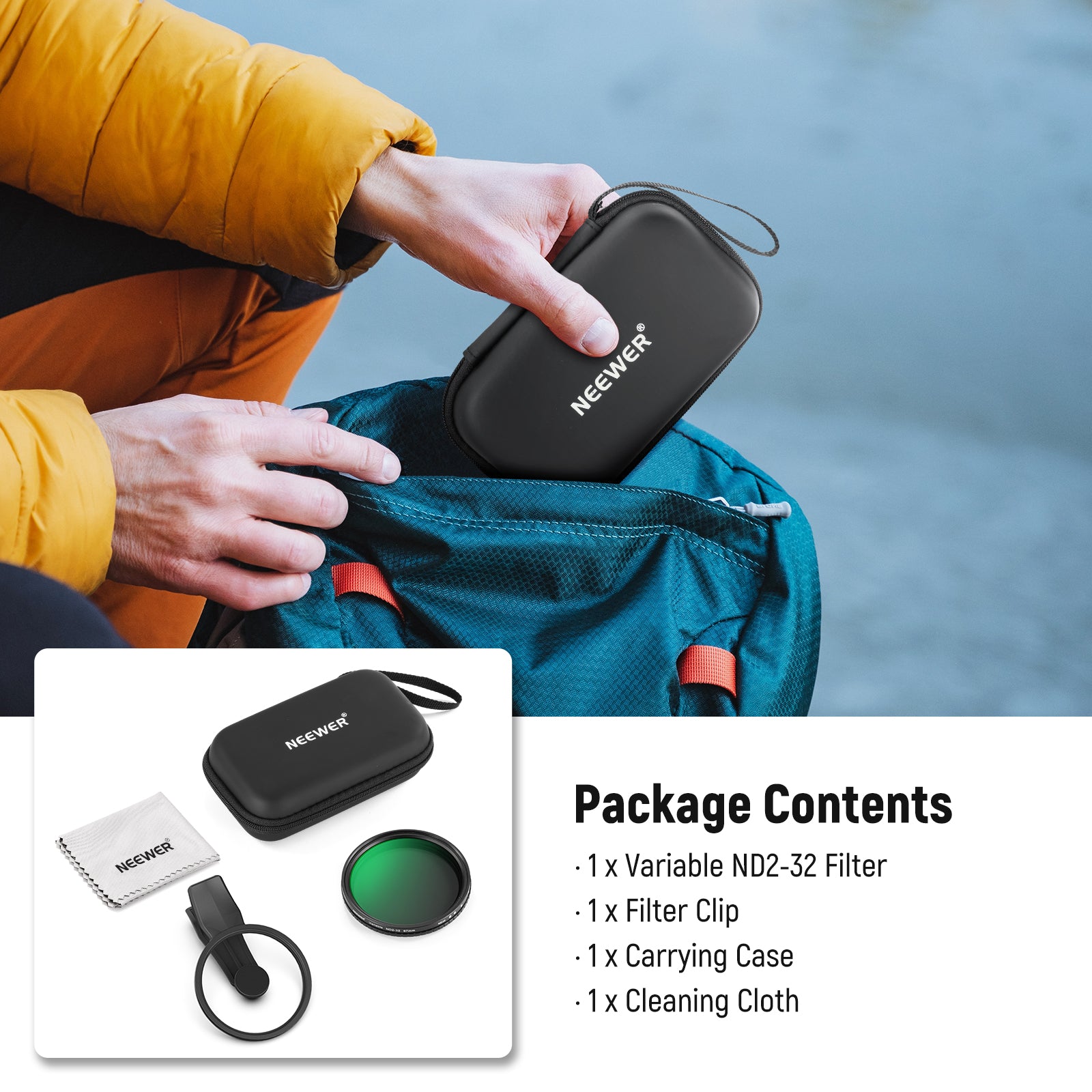 Package Contents of the NEEWER FL-B25 Variable ND2-32 Phone Filter For Android