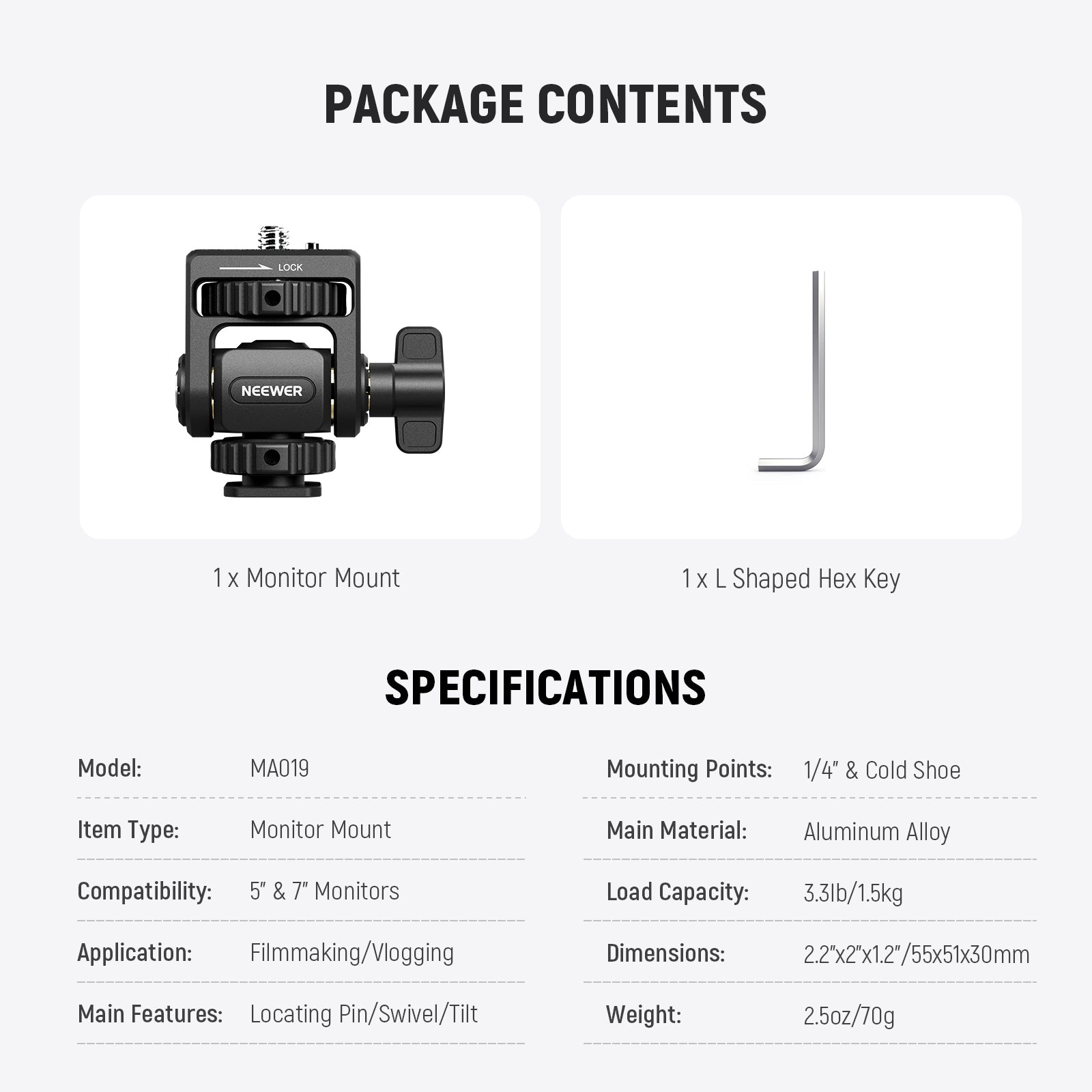 Package Contents and Specifications of the NEEWER MA019 Monitor Mount & L-Shaped Hex Key