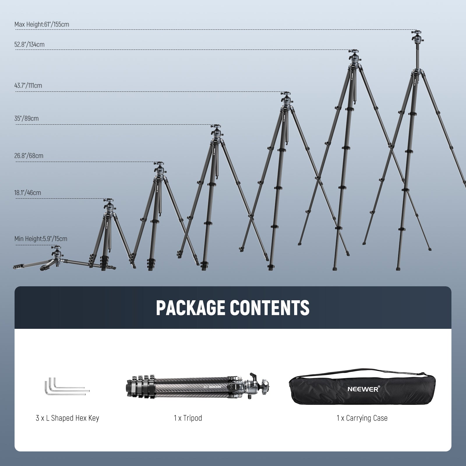 Package Contents of the NEEWER LITETRIP LT38 Carbon Fiber Tripod