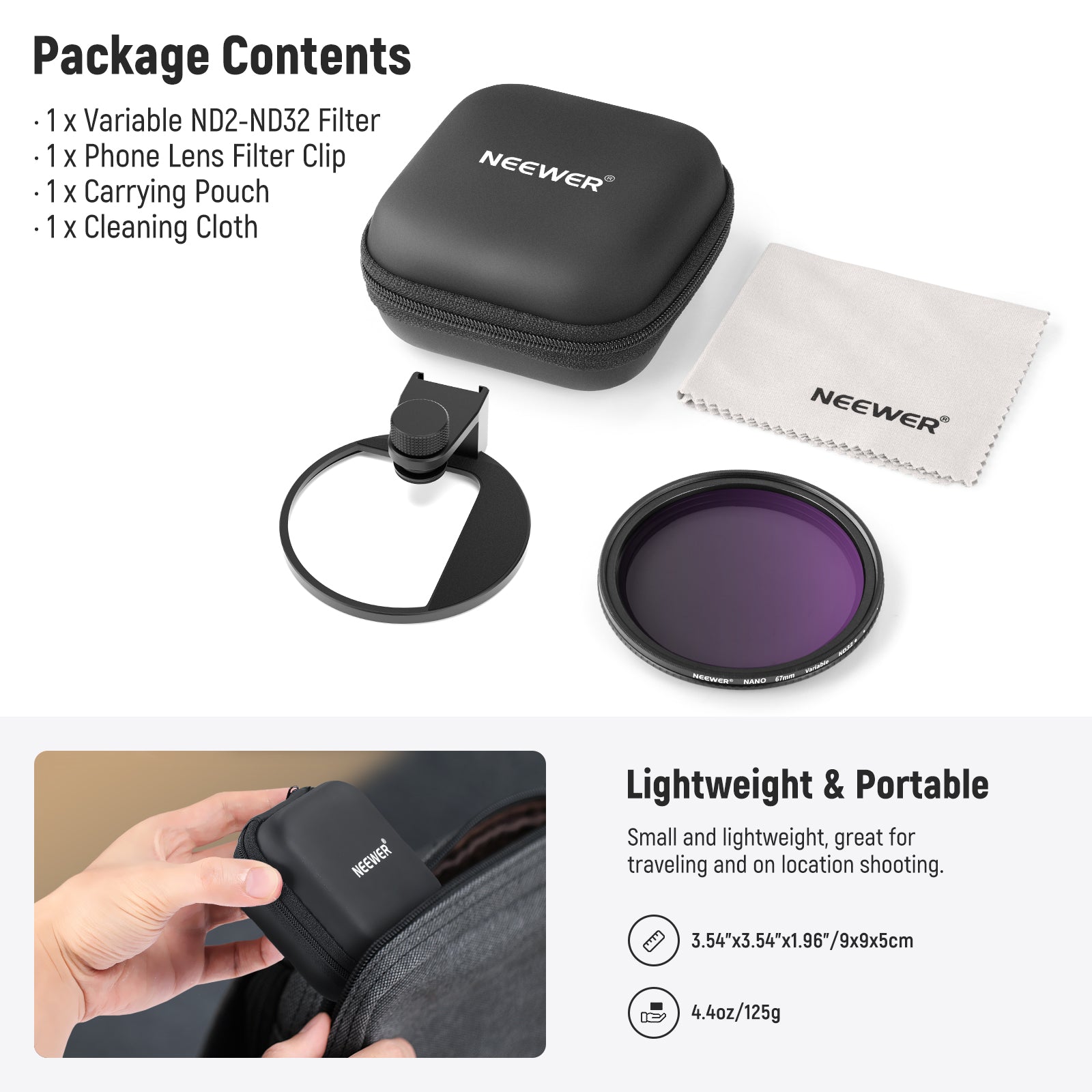 Package Contents of the NEEWER 67mm Clip On Variable Filter Kit for Phone Lens