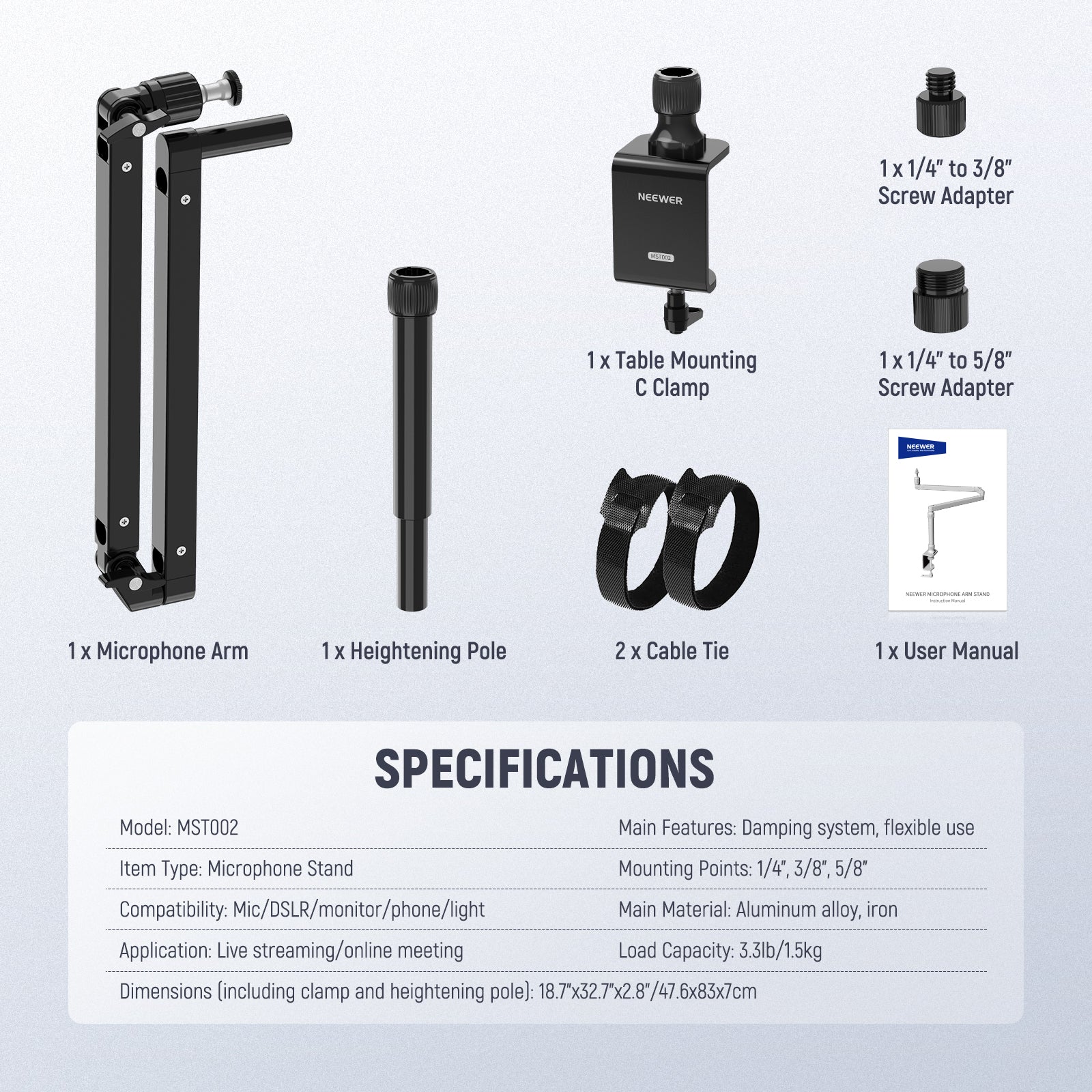 Package Contents of the NEEWER MST002 Low Profile Mic Arm Desk Mount with Damping Kit