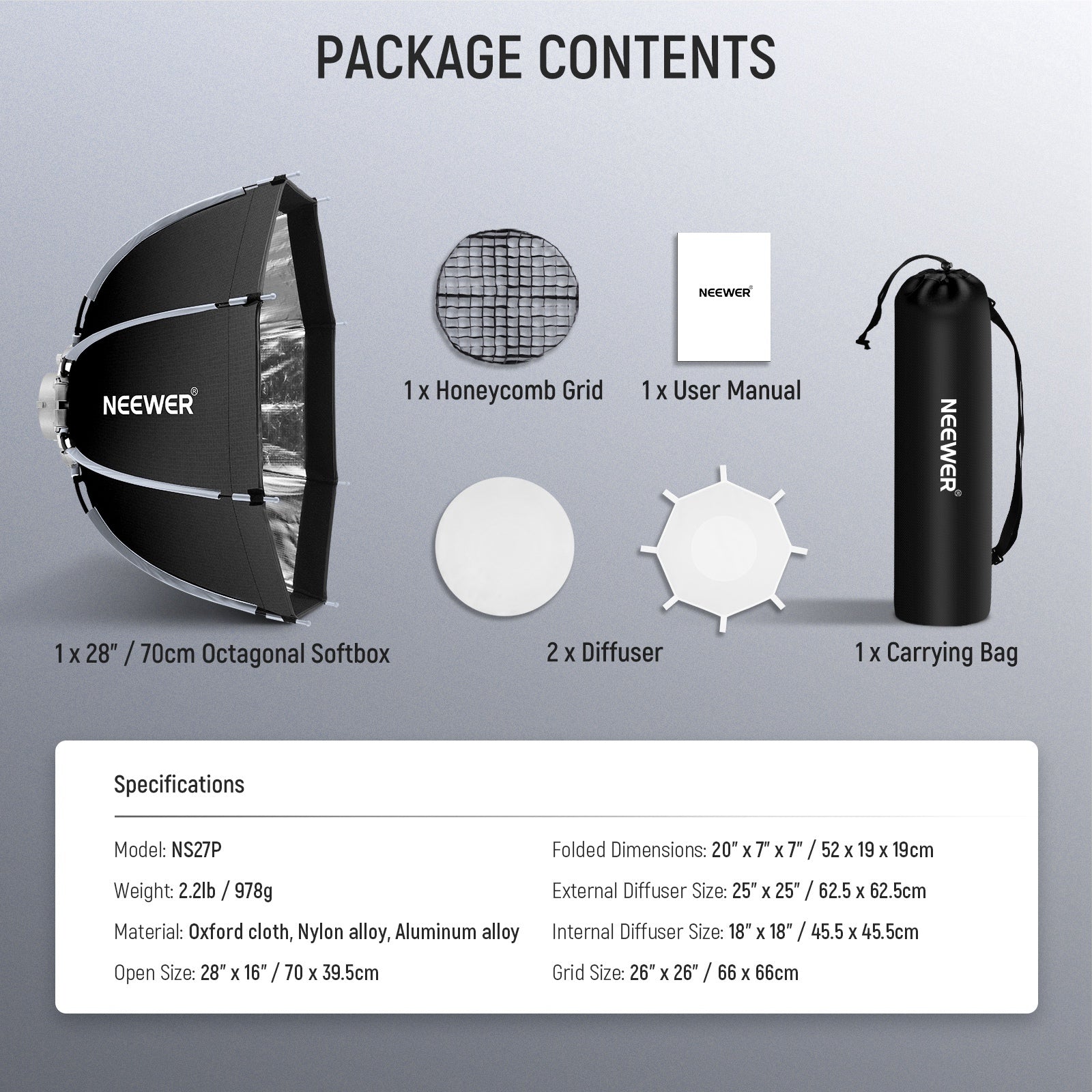 Package Contents of the NEEWER NS27P Octagonal Softbox