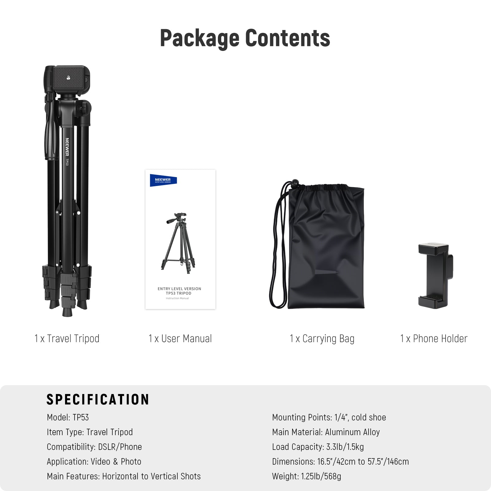 Package Contents of the NEEWER TP53 Metal Travel Tripod