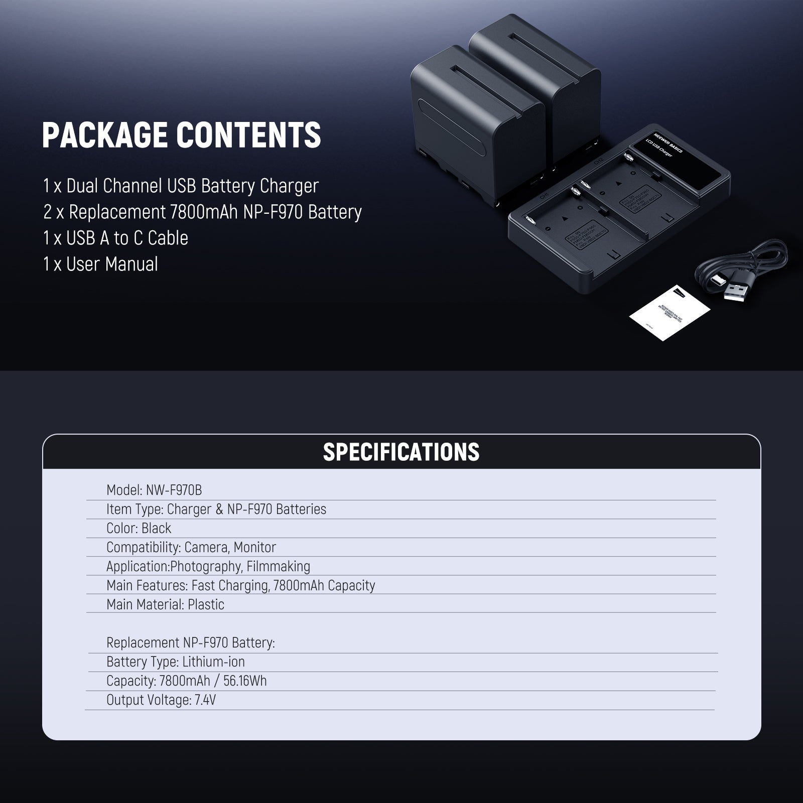 Package Contents of the NEEWER NW-F970B 2Pcs NP-F970 7800mAh Replacement Battery Kit