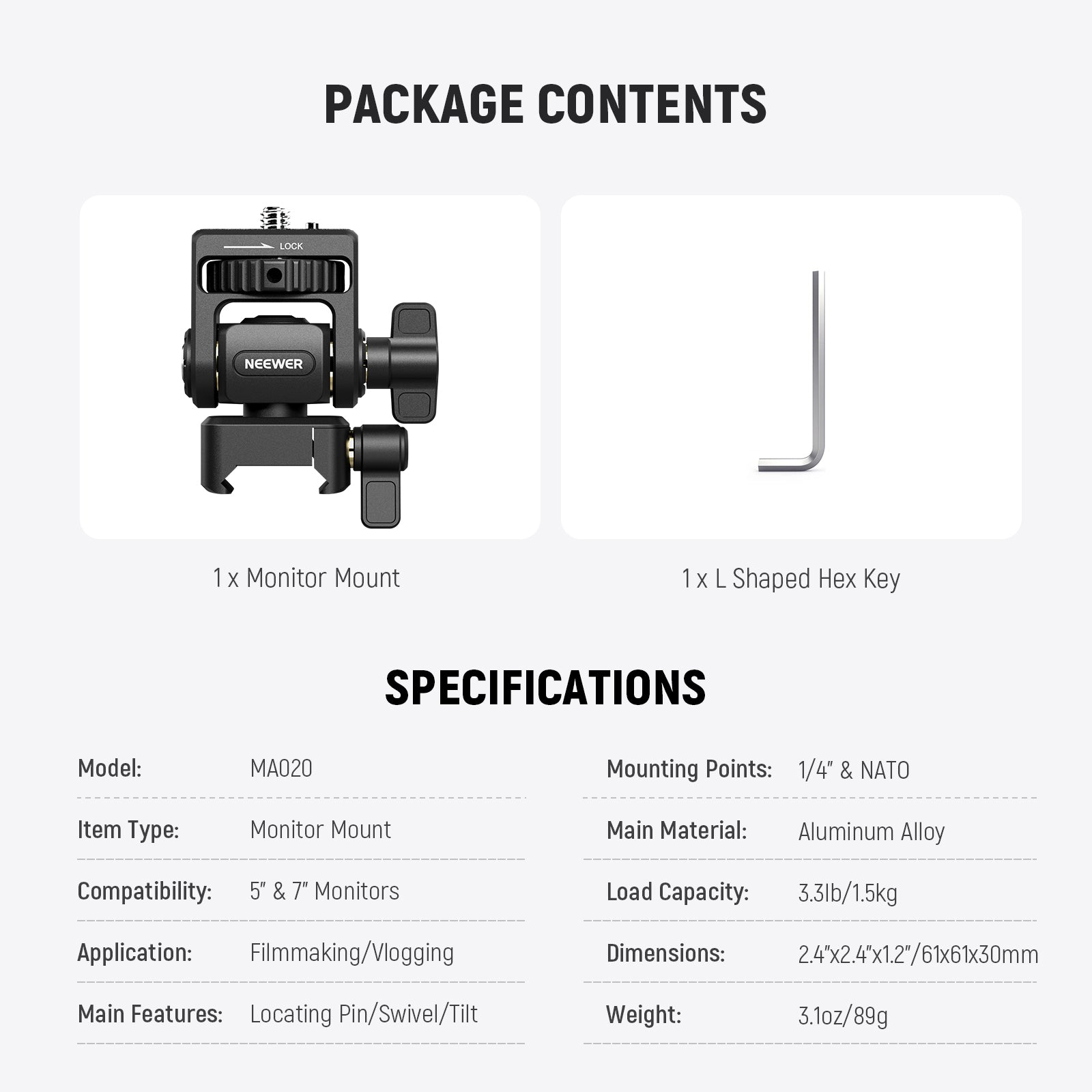 Package Contents of the NEEWER MA020 Camera Monitor Mount & NATO Clamp