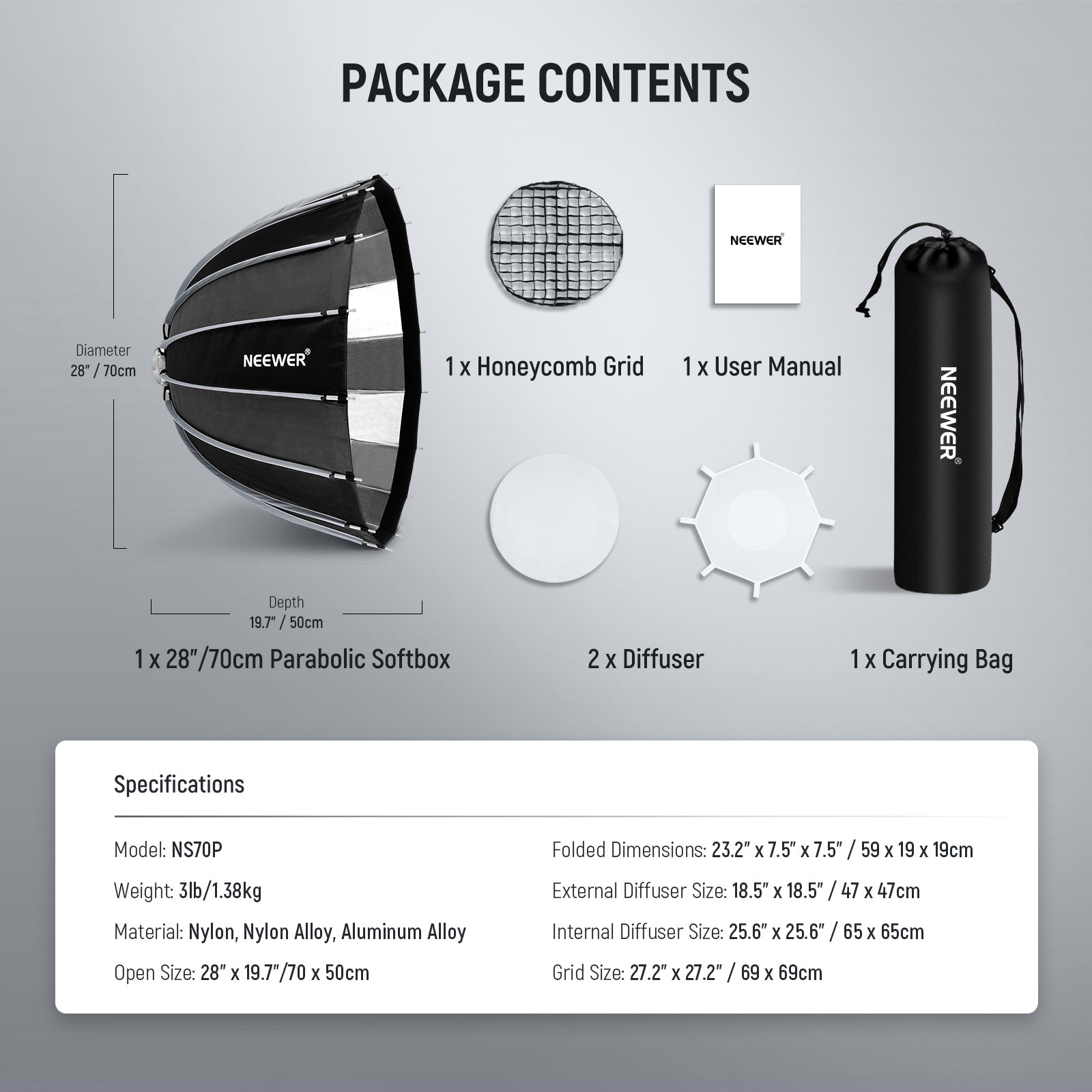 Package Contents of the NEEWER NS70P 70cm Parabolic Softbox