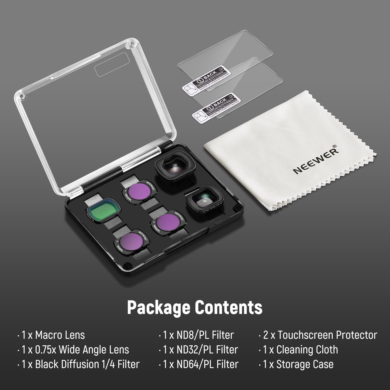 Package Contents of the NEEWER FL-B16 ND/PL Filter Set & Lenses for Pocket 3
