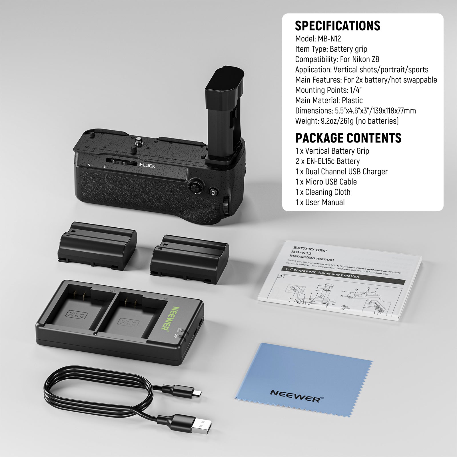 Specifications and Package Contents of the NEEWER MB-N12 Camera Battery Grip for Nikon Z8