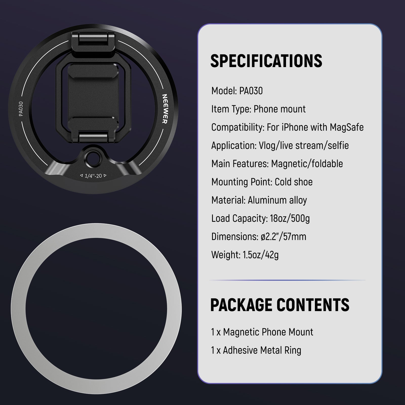 Specifications of the NEEWER PA030 Magnetic iPhone Tripod Mount