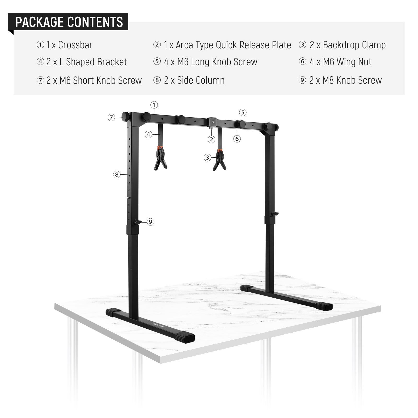 Package Contents of the NEEWER ST200 Overhead Camera Stand with Arca Type QR Plate