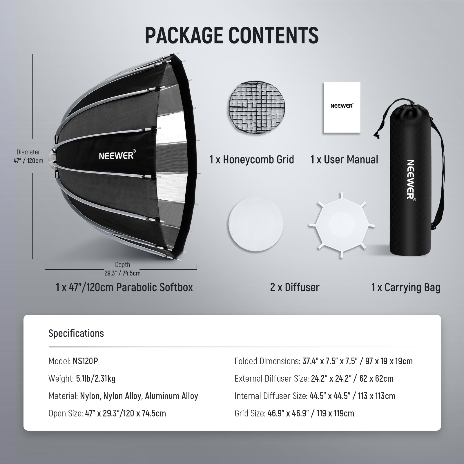 Package Contents of the NEEWER NS120P 120cm Parabolic Softbox