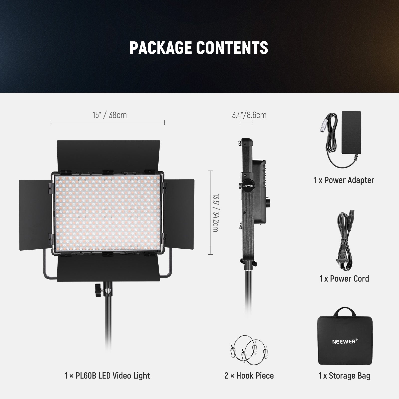Package Contents of the NEEWER PL60B 60W Bi-Color LED Panel Light