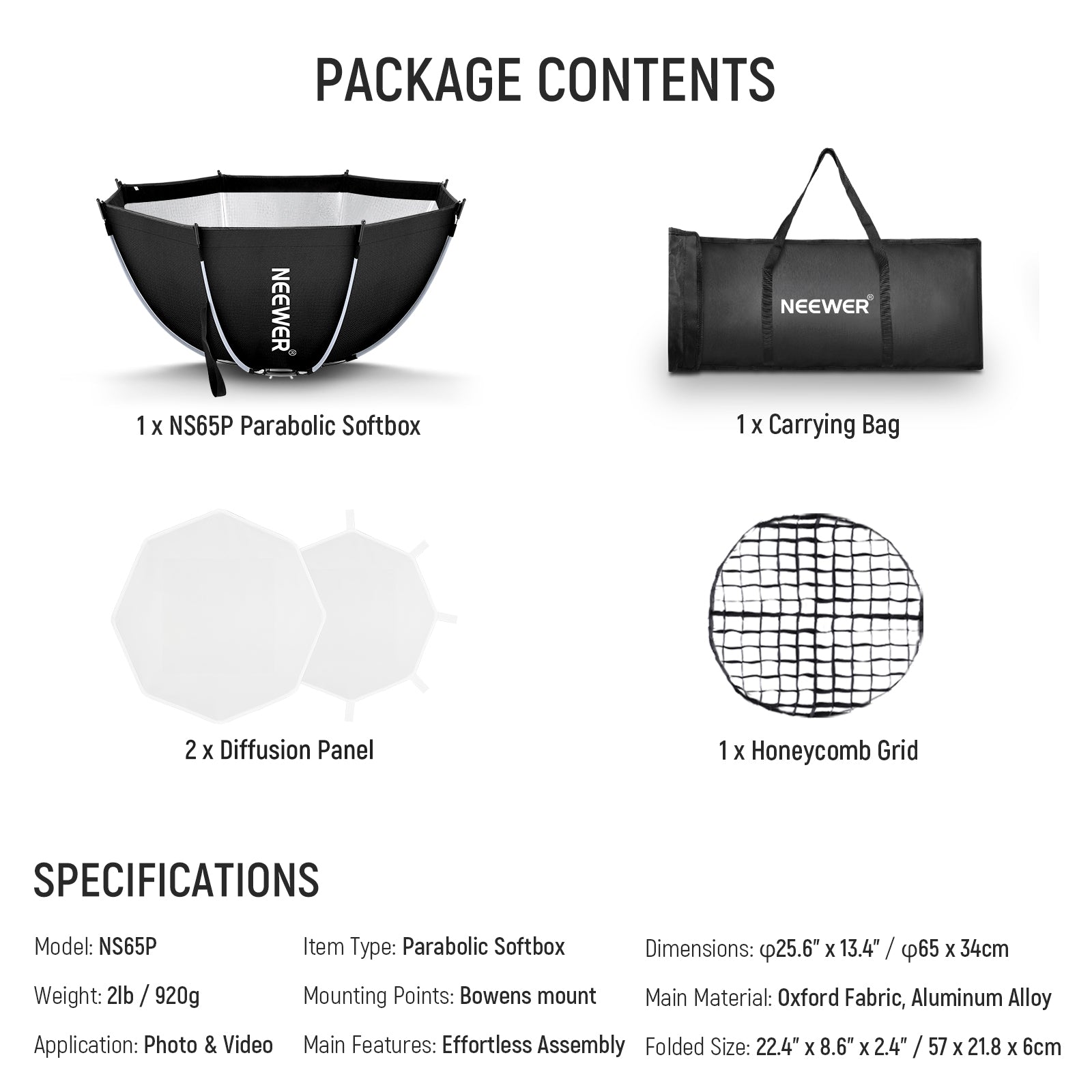 Package Contents of the NEEWER NS65P Octagonal Softbox