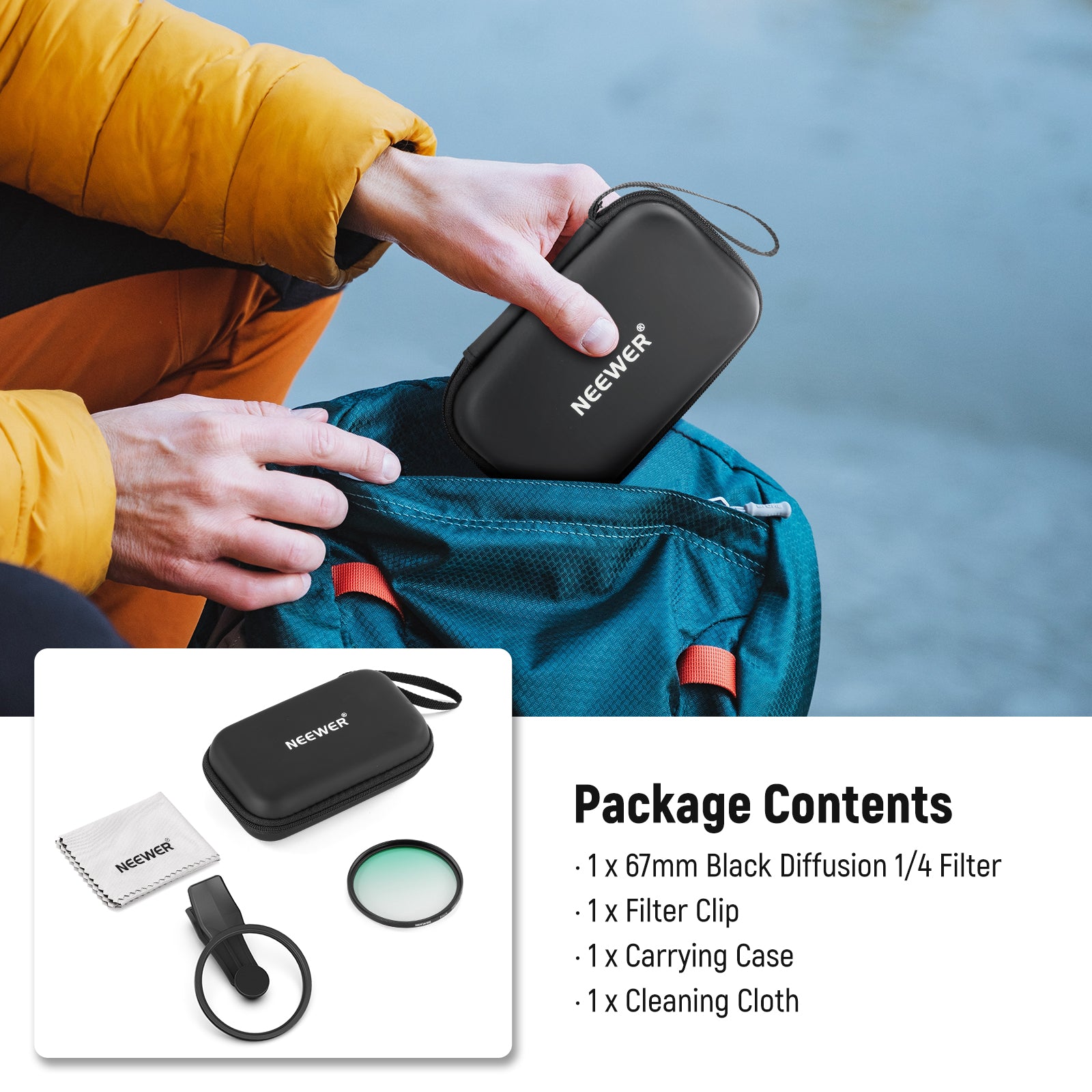 Package Contents of the NEEWER FL-B20 Black Diffusion Phone Filter for Android