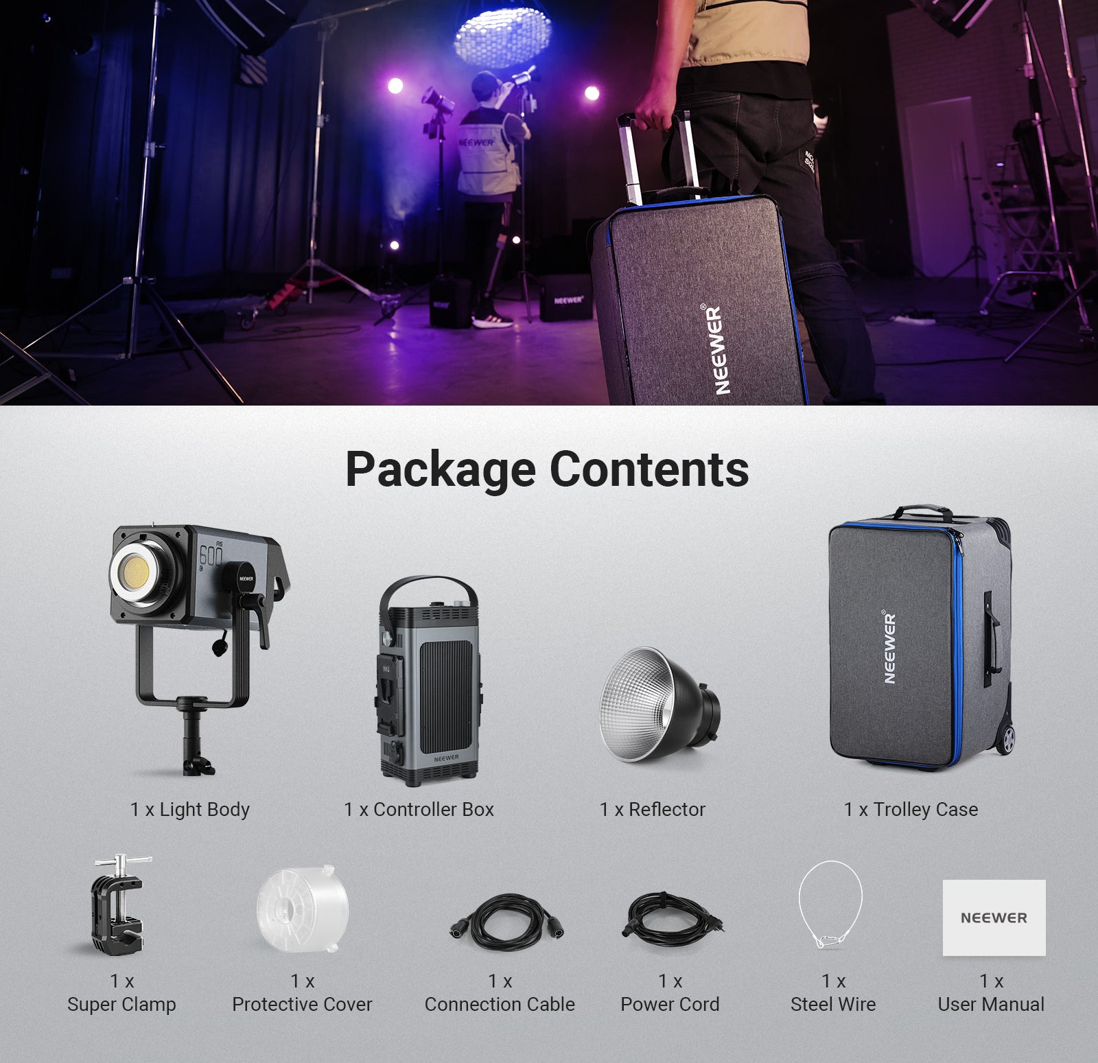 Package Contents of the NEEWER AS600C RGB COB Studio Video Light Kit
