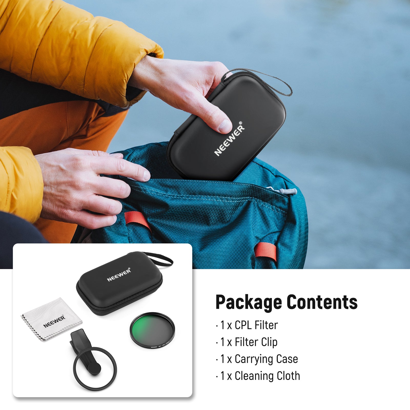 Package Contents of the NEEWER FL-B23 67mm Clip On CPL Filter For Android